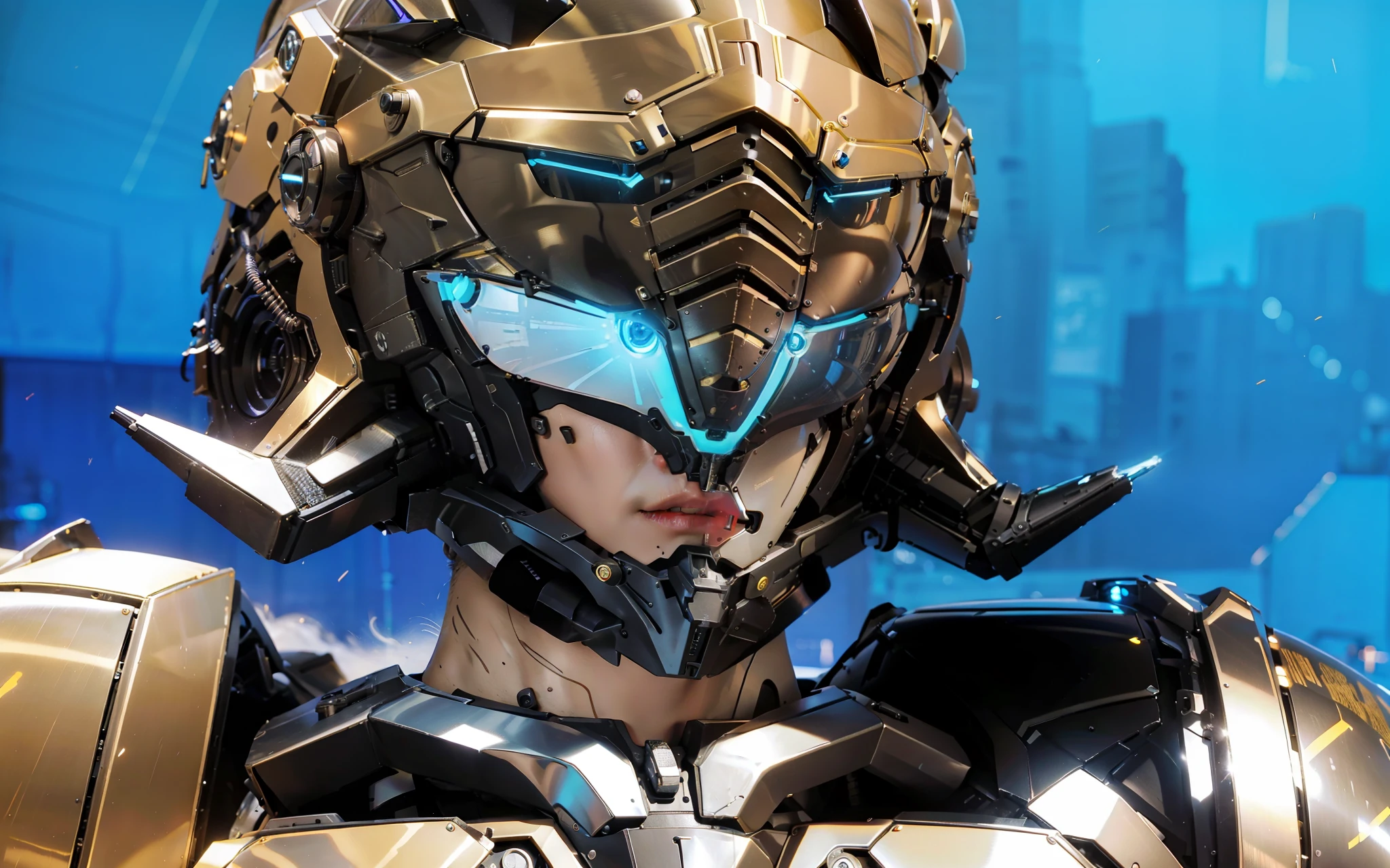 Realiy，photorealestic，Machinary，mechs，Technologie，musculous，glowing light eyes，Burly body，style of photography，Real scenery（Metallic texture 1.8）（Excess detail 2）（High resolution1.6）（4K clarity1.9)（Carbon fiber 1.5）（Metal reflection 1.5），Neon lights，obi strip（1:1），The lower half of a woman's face