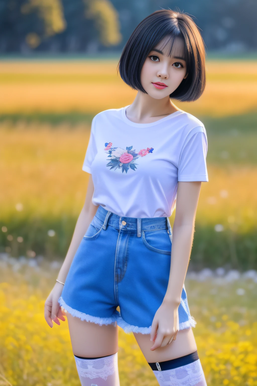 1 girl,pretty face,A delicate face,eyes with brightness,Detailed eyes,Short black hair,Larger bust,White floral T-shirt,slim toned body,Correct anatomy,Smooth skin,thick thight,Cocked buttocks,Denim shorts skirt,black lence stockings,grassland background,The background is blurred out,((telephoto lenses)),Sunlight light,best qualtiy,8K,exquisitedetails,tmasterpiece,Epic,Highest high resolution,photography of,photorealestic,photore,Clear details。