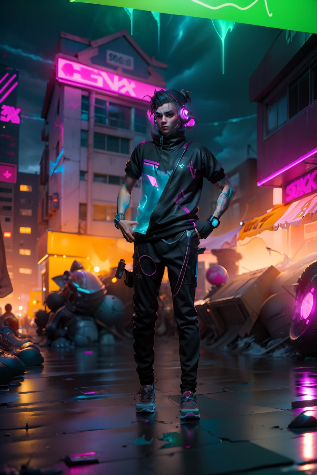 loish, jeremy mann, full body shot, character sheet, lightningwave, 3d, cgi, glowing neon, cyberpunk, streetwear outfit, ☂️, neon city --auto --s2
