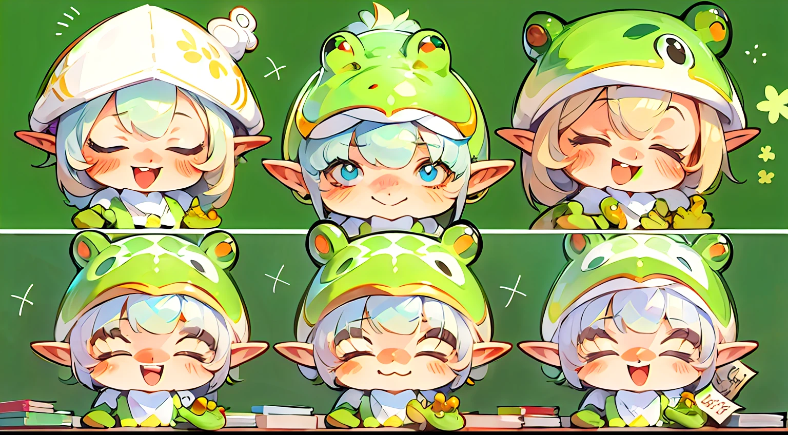 Cute elf characters drawn in realistic hand-drawn style、I like frogs、私はカエルの可愛い❤帽子をかぶっています