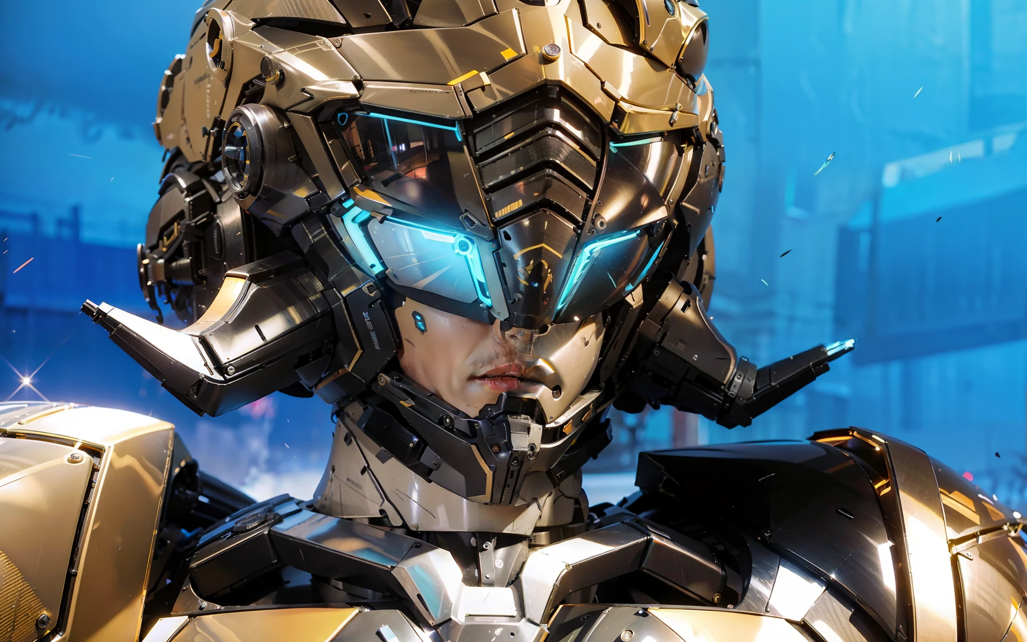 Realiy，photorealestic，Machinary，mechs，Technologie，musculous，glowing light eyes，Burly body，style of photography，Real scenery（Metallic texture 1.8）（Excess detail 2）（High resolution1.6）（4K clarity1.9)（Carbon fiber 1.5）（Metal reflection 1.5），Neon lights，obi strip（1:1），The lower half of the male face