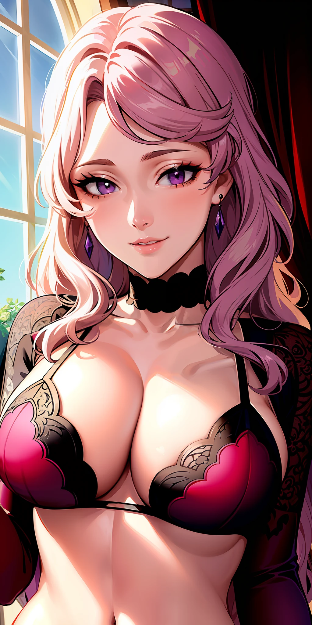 masterpiece, ((ultra detailed background, delicate pattern, intricate detail)), (highly detailed, fine details), best quality, ((medium breasts, slim girl, close-up, portrait)), ((complex detailed background, inside, bedroom, bed, tasteful interior design, window)), VanessaV2, 1girl, long hair, solo, pink hair, earrings, purple eyes, smile, (purple dress, gloves), choker, bikini huge breasts