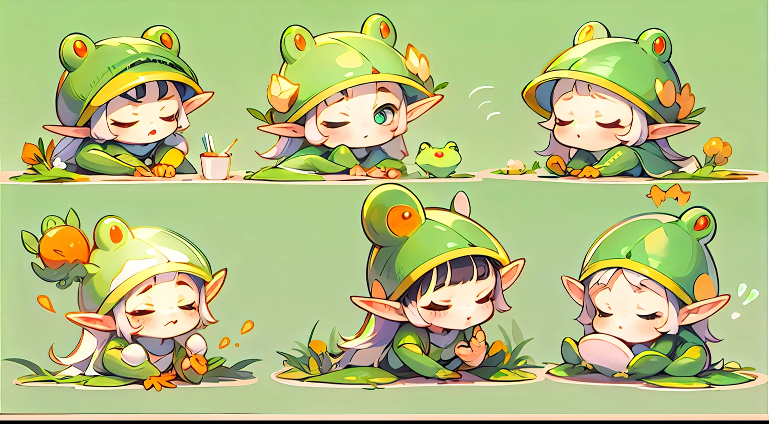 Cute elf characters drawn in realistic hand-drawn style、I like frogs、私はカエルの可愛い❤帽子をかぶっています
