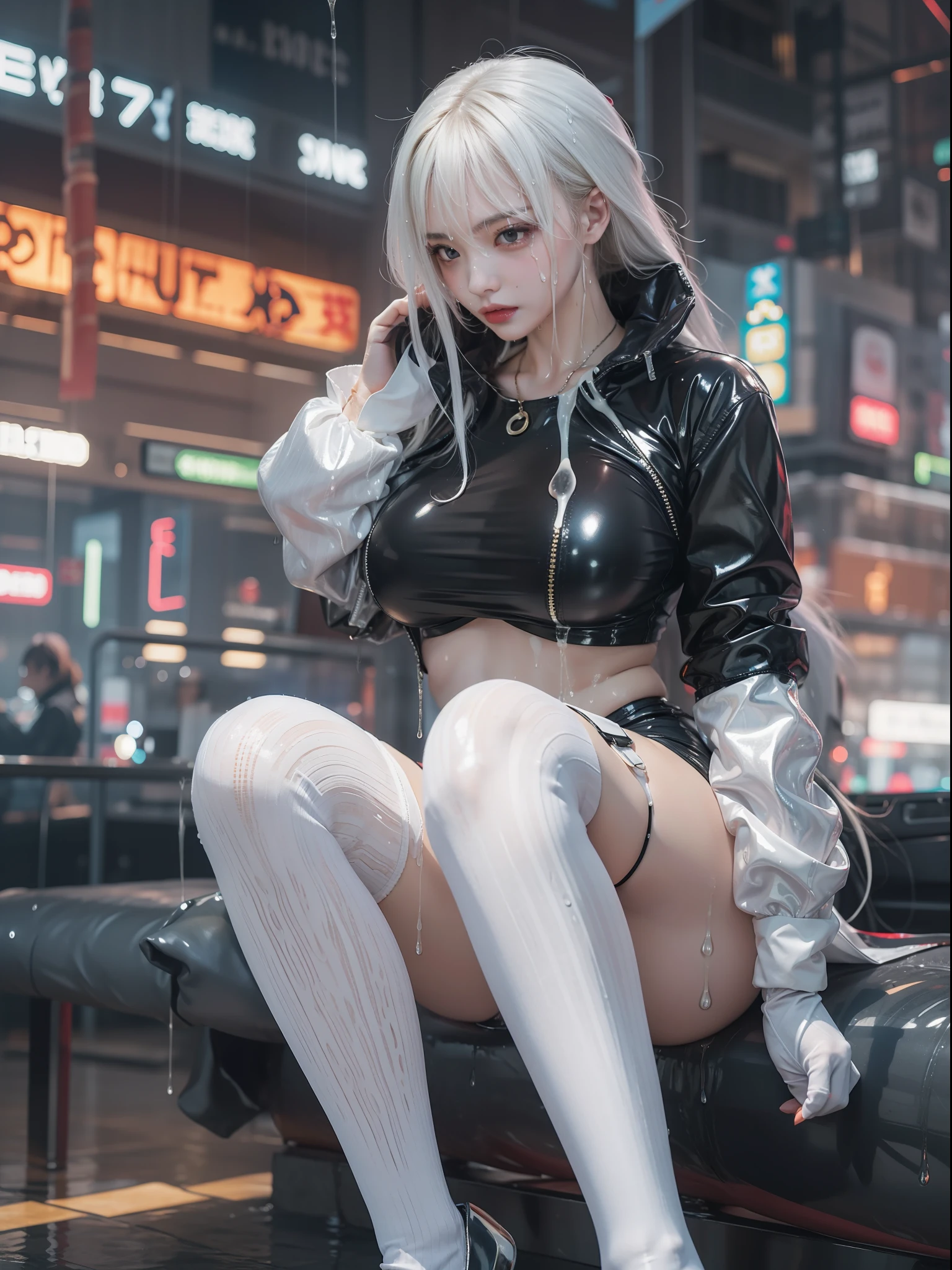 Thick white liquid dripping from the body，There was a woman wearing thick socks, thighs high socks, posed for photo, Shiny,, Shiny wet skin!!, Latex skin, an oppai cyberpunk，Chest exposure，gigantic cleavage breasts