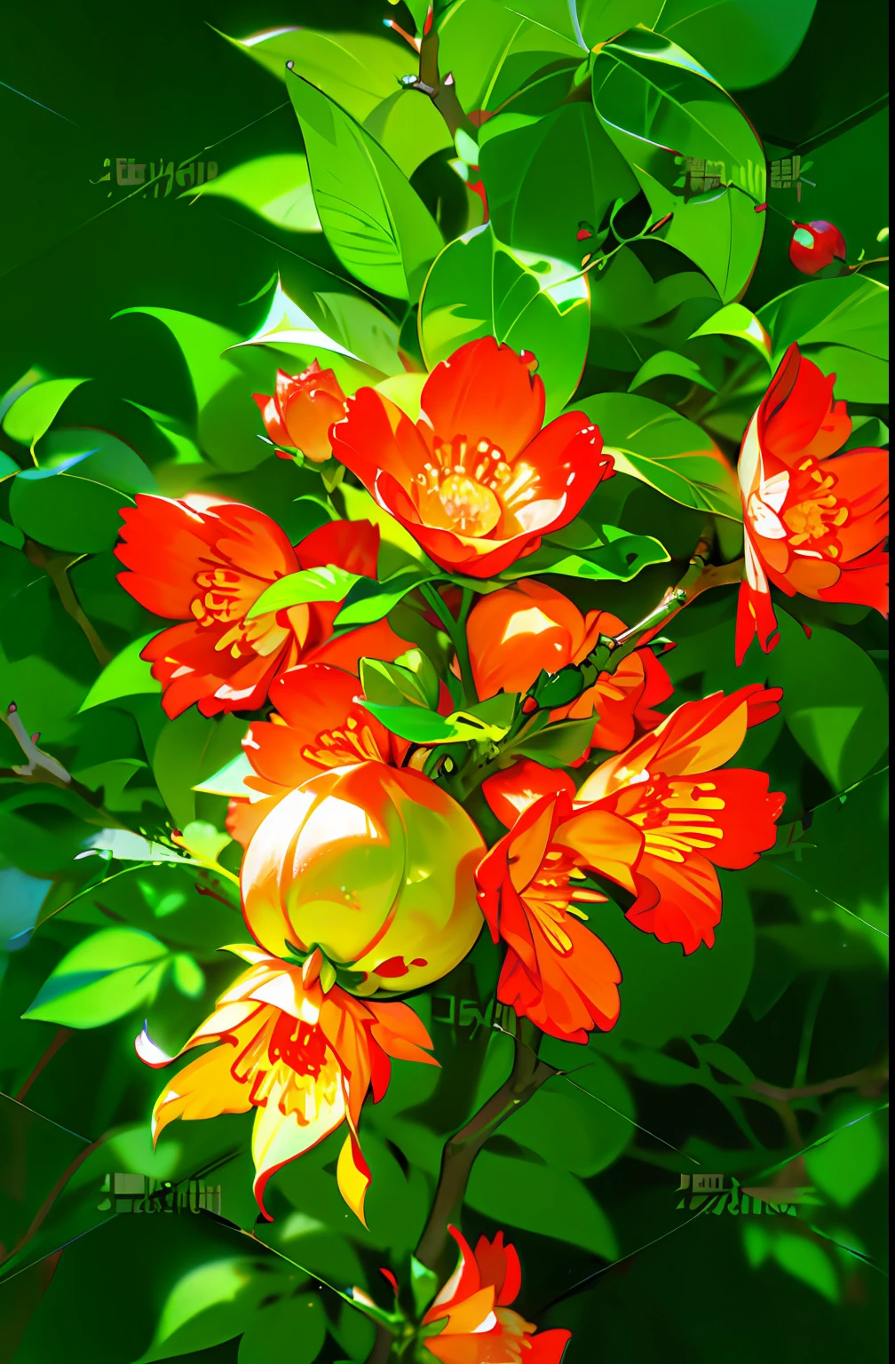 Red pomegranate flowers,Ancient wind,Chinese big breasts,pomegranate,florals,green leaf,Finer details,Movie lighting
