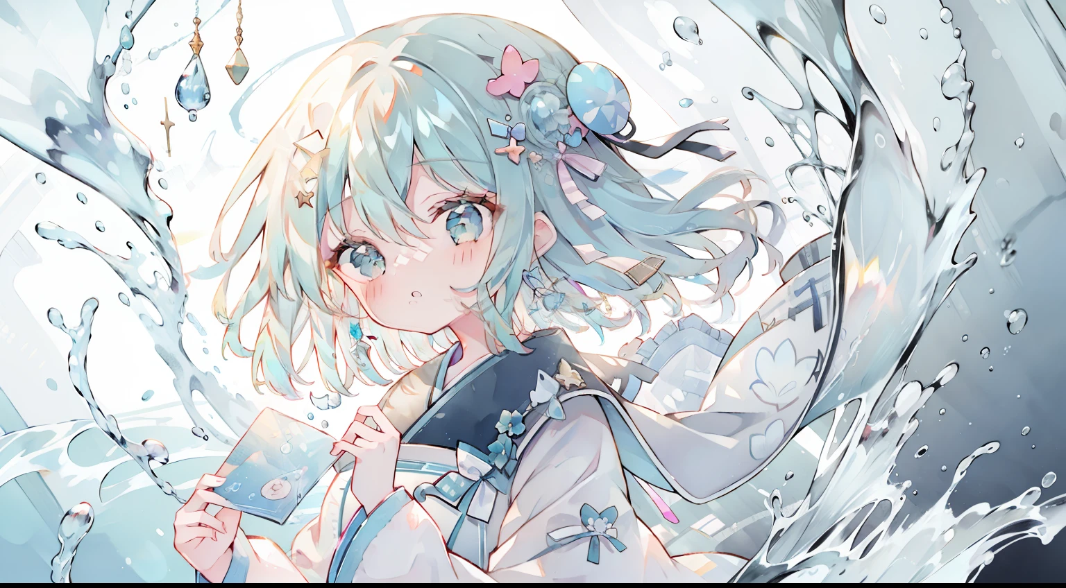 One Girl、cute little、lightblue hair、masterpiece、top-quality、Top image quality、Eau、beautiful water、校服、String ribbon、white shirt