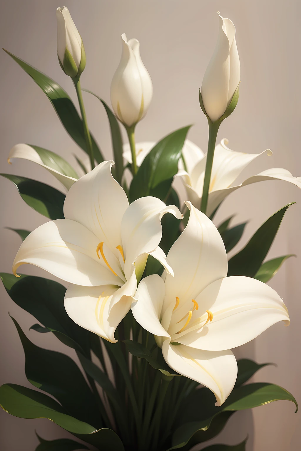 Two white calla lils are on a brownish white background, realistic flowers oil painting, White lilies, Lillies, smooth oil painting, lilies, elegant oil painting, Large lilies, , Flores elegantes, classical oil painting, Soft focus oil canvas painting, pintura elegante e refinada, professional oil painting