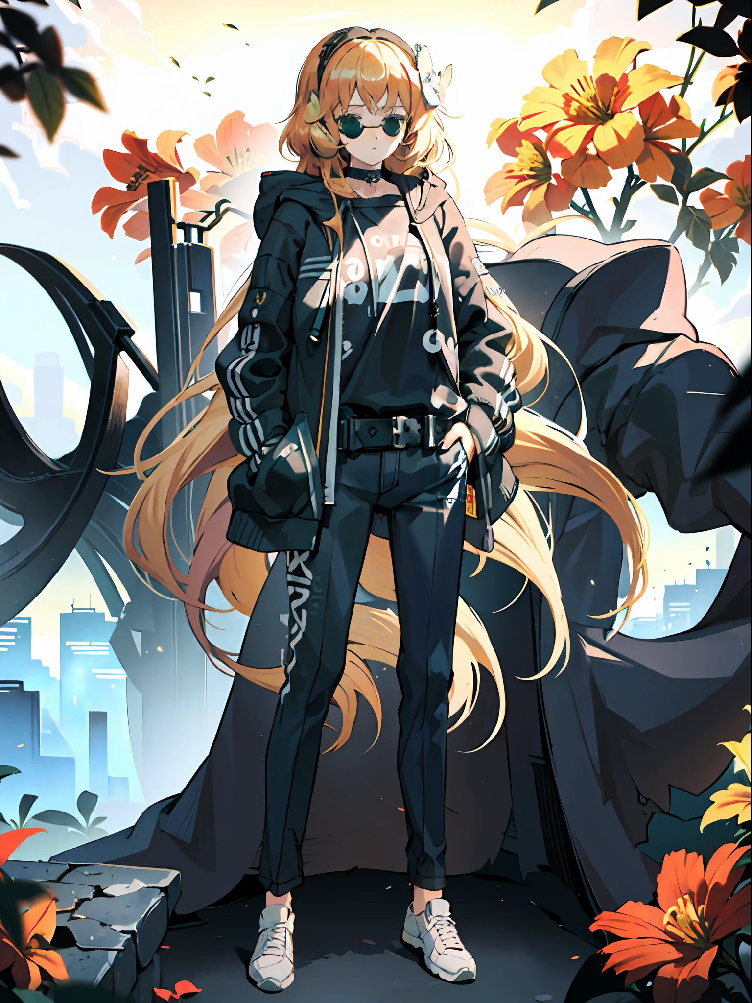 original outfit, 1girl, tired face expression, extremely long hair, bronze hair, green eyes, black hairband with white flower on left side, wearing sunglasses, outdoors, (hoodie:1.3), headphones around neck, cityscape, cowboy shot, hands in pockets