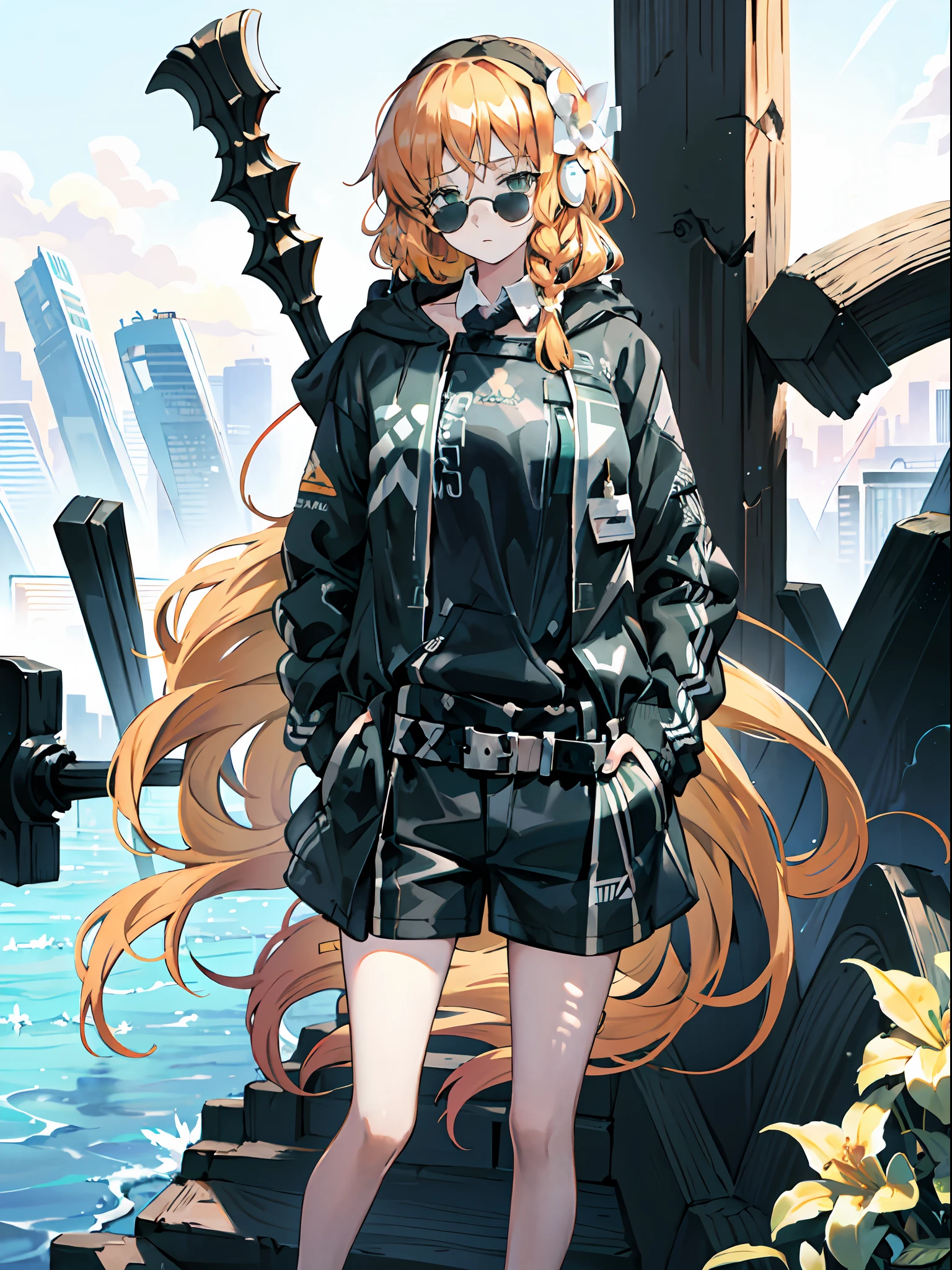 original outfit, 1girl, tired face expression, extremely long hair, bronze hair, green eyes, black hairband with white flower on left side, wearing sunglasses, outdoors, (hoodie:1.3), headphones around neck, cityscape, cowboy shot, hands in pockets