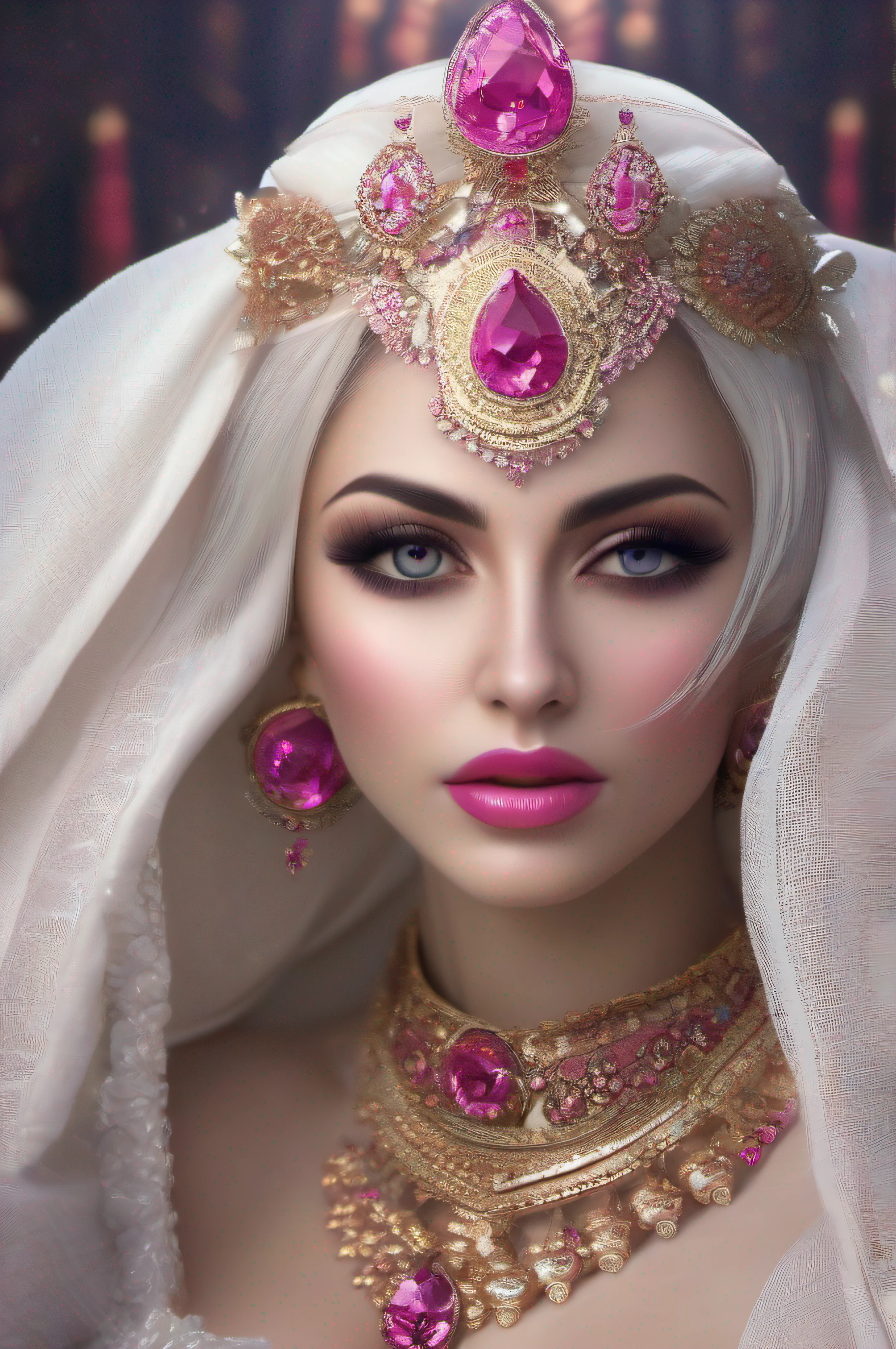 (masterpiece), (ultra high resolution), (extremely intricate), (exquisitely detailed), 1girl, (beautiful gorgeous arabic woman), (F1.4, 1/800s, ISO 100, photorealistic), looking_at_breasts and from above, Evil queen, homewrecker, white hair, crossed_legs, huge breasts, laugh512, pink eyeshadow makeup, pink lips, white wedding dress, thigh high stockings,(aroused_face:1.4)
