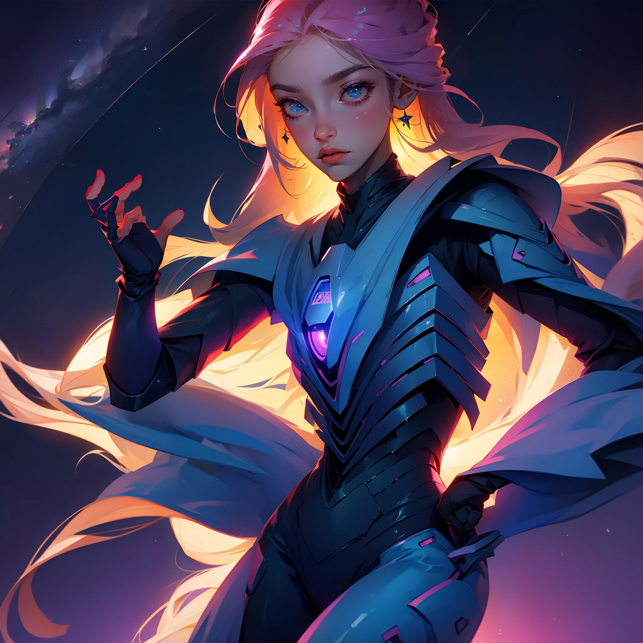 1futuristic Celestial guardian, watching sunset, starry sky background