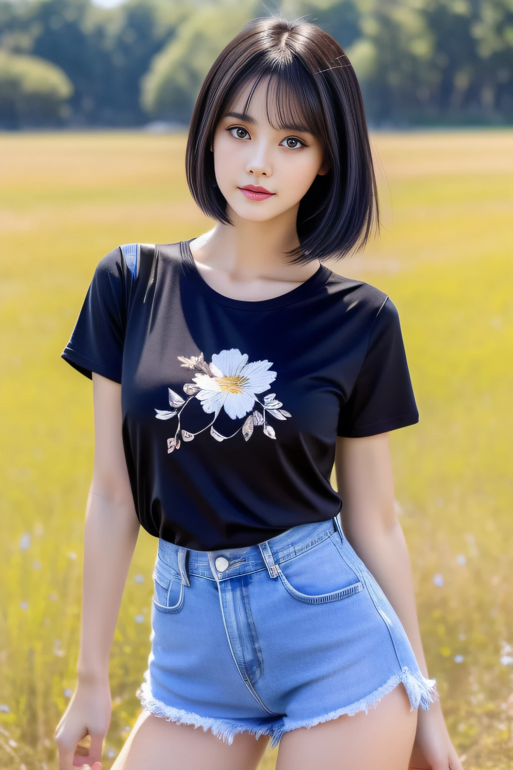 1 girl，pretty  face，A delicate face，eyes with brightness，Detailed eyes，Short black hair，Larger bust，White floral T-shirt，slim toned body，Correct anatomy，Full body photo，Smooth skin，thick thight，Cocked buttocks，Denim shorts skirt，black lence stockings，grassland background，The background is blurred out，((telephoto lenses))，Sunlight light，best qualtiy，8K，exquisitedetails，tmasterpiece，Epic，Highest high resolution，photography of，photorealestic，photore，Clear details。
