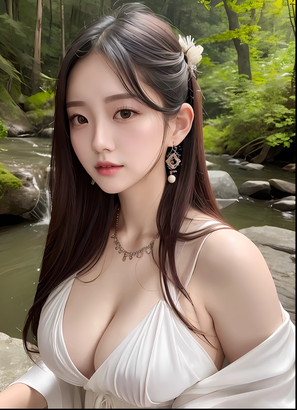 upper body,masterpiece, best quality,(photorealistic:1.4), highres, long hair, jewelry hairpin, large breast, riverside and rock or temple or bridge,
hanstyle, ((loose))han clothing, ((loose))hanfu, see-through, Bare shoulders, cleavage, sexy, (nsfw)