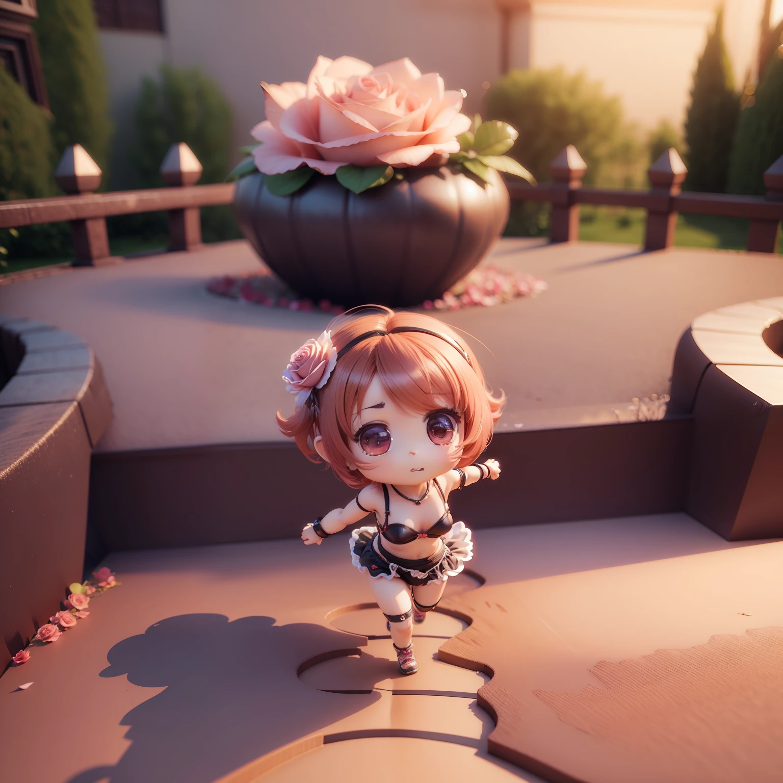 (((chibi3d))),cute and beautiful chibi anime,Plunge bra, Long girdle, Satin camisole, rose flower carpet,rose garden,running,jumping.