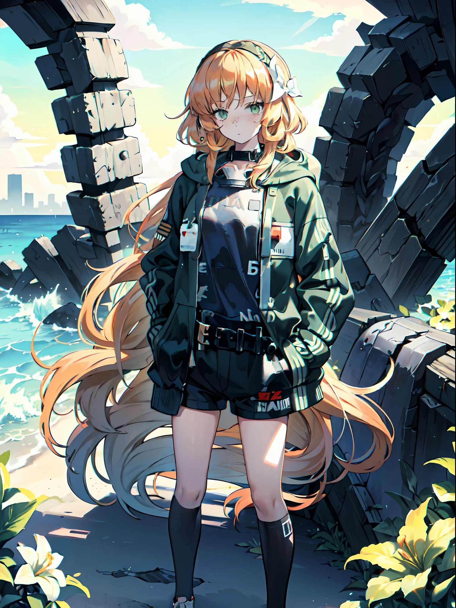 original outfit, beach outfif, 1girl, tired face expression, extremely long hair, bronze hair, green eyes, black hairband with white flower on left side, outdoors, (hoodie:1.3), headphones around neck, cityscape, cowboy shot, hands in pockets