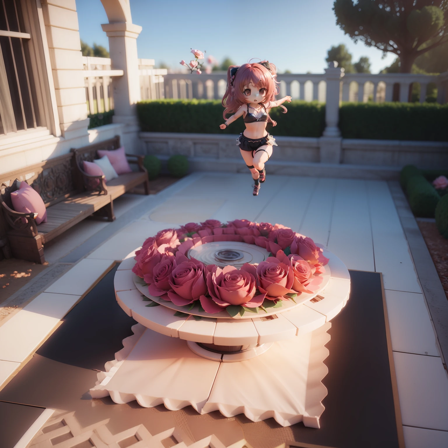 (((chibi3d))),cute and beautiful chibi anime,Plunge bra, Long girdle, Satin camisole, rose flower carpet,rose garden,running,jumping.