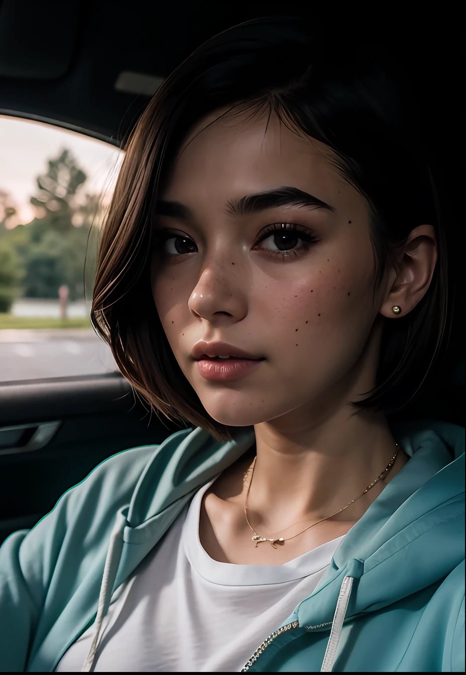 RAW photo, a 22-year-old-girl, upper body, selfie in a car, blue hoodie, (raecmbr-2650:0.9), (r4ec4mbr4:0.95), (1girl), (realistic), (photo-realistic:1.5), inside a car, driving, lipstick, freckles, (short hair), multicolor hair, necklace, (RAW photo, 8k uhd, film grain), Sharp Eyeliner, Blush Eyeshadow With Thick Eyelashes, extremely delicate and beautiful, 8k, soft lighting, high quality, highres, sharp focus, extremely detailed, during the day, (sunlight on face), beautiful detailed eyes, extremely detailed eyes and face, masterpiece, cinematic lighting, (high detailed skin:1.2), 8k uhd, dslr, soft lighting, high quality, film grain, Fujifilm XT3