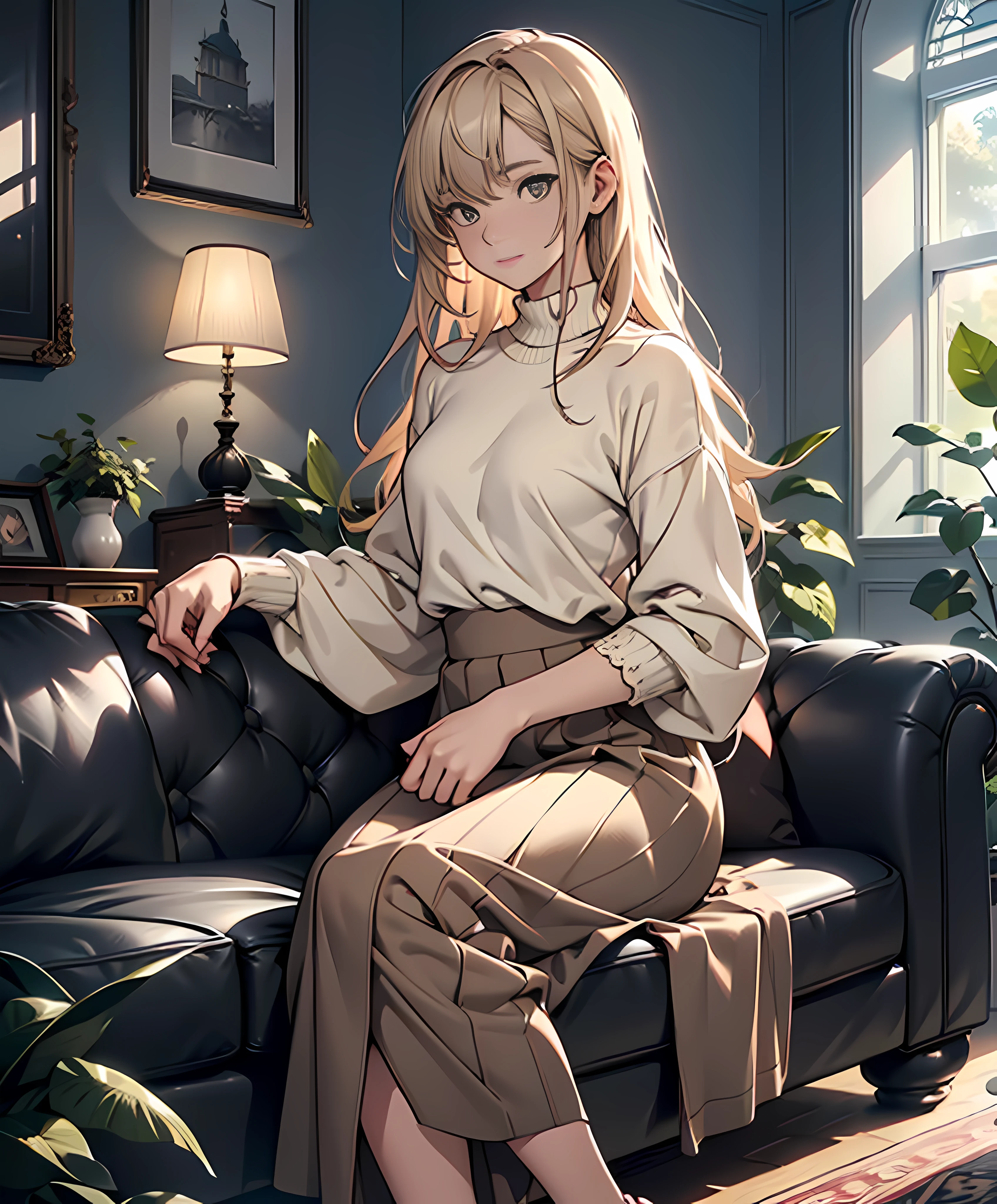 (absurderes、hight resolution、ultra-detailliert)、(the Extremely Detailed CG Unity 8K Wallpapers、Beautifully Aesthetic:1.2)、(1girl in:1.3)、Lady、独奏、The upper part of the body、rcasual、It features a simple、Natural Fabric、Sit up、knit、Lace Long Skirt、white  shirt、Brownish、If you have a photo、Hold in hand、Plain clothe、a room、sit on sofa、Mystical lighting、Ethereal Atmosphere、dressed casually, Sweaters, tortoise、closed clothes、natural soft light、darker shadows、Living Loo、Long skirt、Hold in hand、