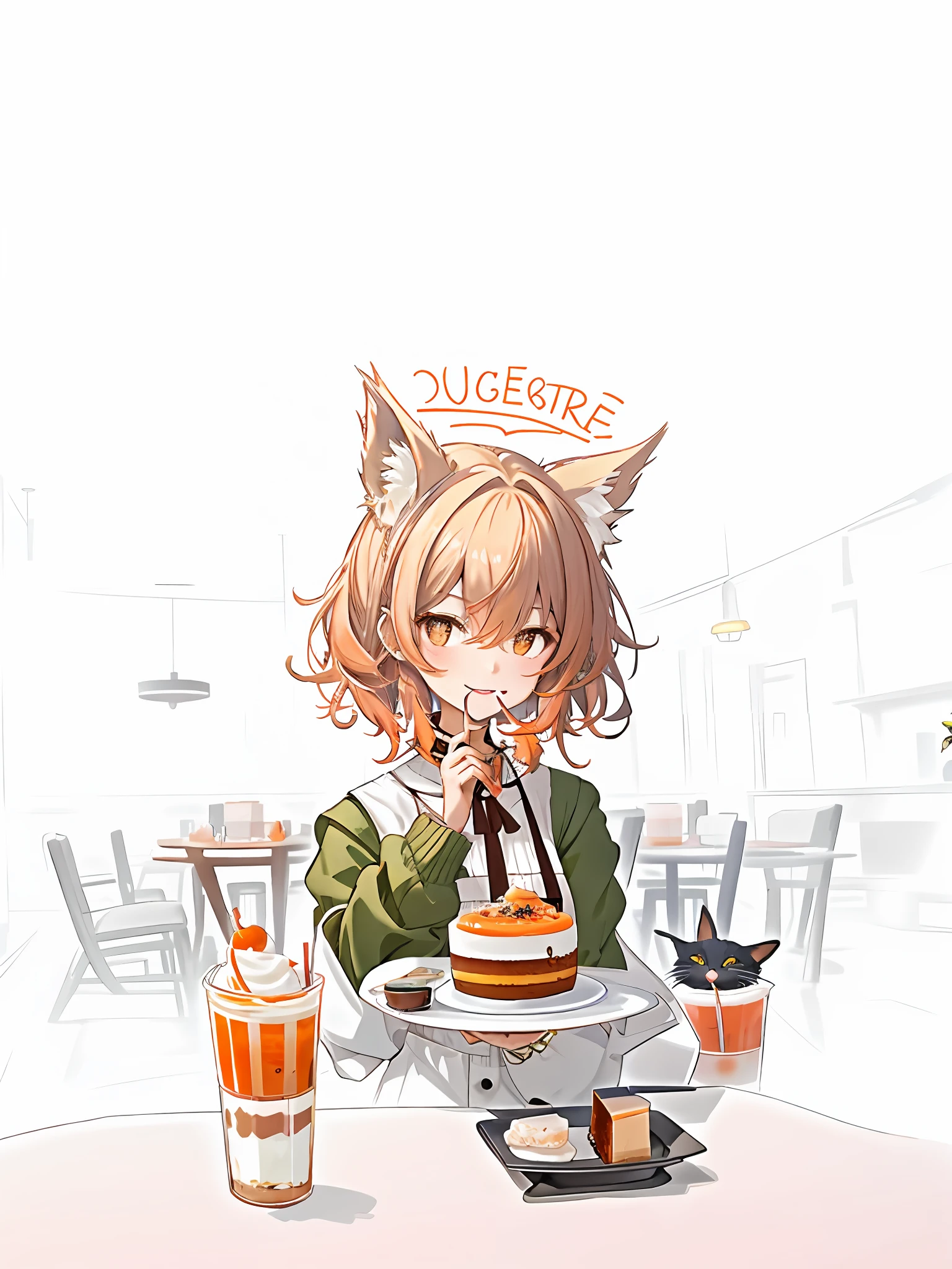 cute-style,Moe lineage,Short-haired cat-eared girl happily eating dessert on the table,The expression is more cute,He wears a beige bib around his neck,Wearing a plastic cup on his head,orange color hair,Dark green winter wool textured dress,Lace-free,Long sleeves to fingers,The clothes are more delicate,The folds are correct,Fingers correct,The dessert is in the right shape,