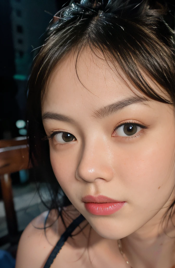 (spaces_breads_Hairstyle:1.3), woman posing for a photo, with a big breast,　((facial close-up、portrait shooting)), Exposed shoulders、expert, 8K, High resolution, masutepiece, Best Quality, Head:: 1 girl, ((Hasselblad photo)), Delicate skin, Clear focus, (Cinematic lighting), At night, Soft lighting, Dynamic Angle, [:( Details:: 1 girl): 0.2 Girl], ((Sitting on an outdoor chair)),dark backgrounds
