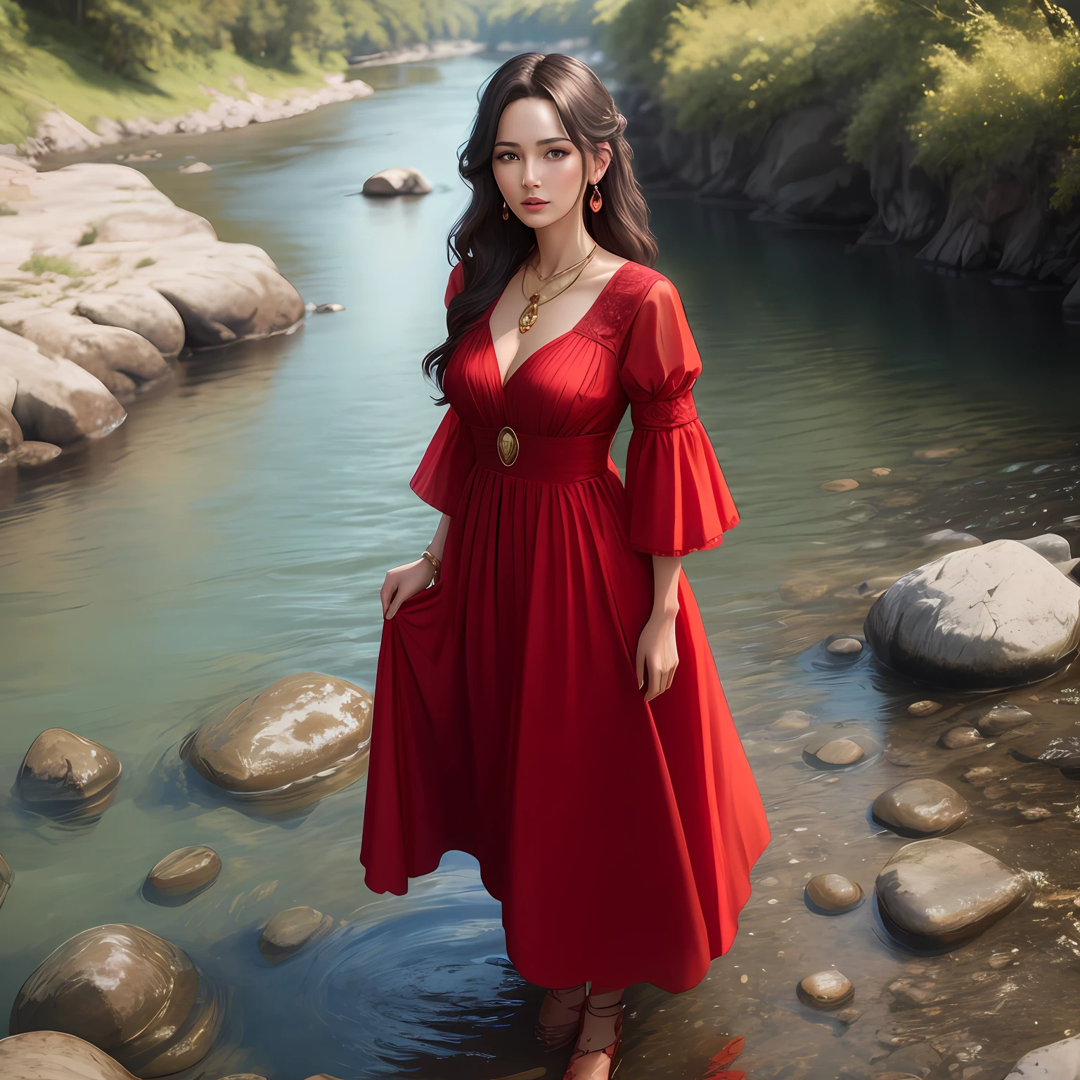 No-one42 a woman, she is wearing red dress, jewelry, standing near a river, modelshoot style, extremely detailed CG unity 8k wallpaper, 8k uhd, dslr, soft lighting, high quality, film grain, Fujifilm XT, ((realistic))