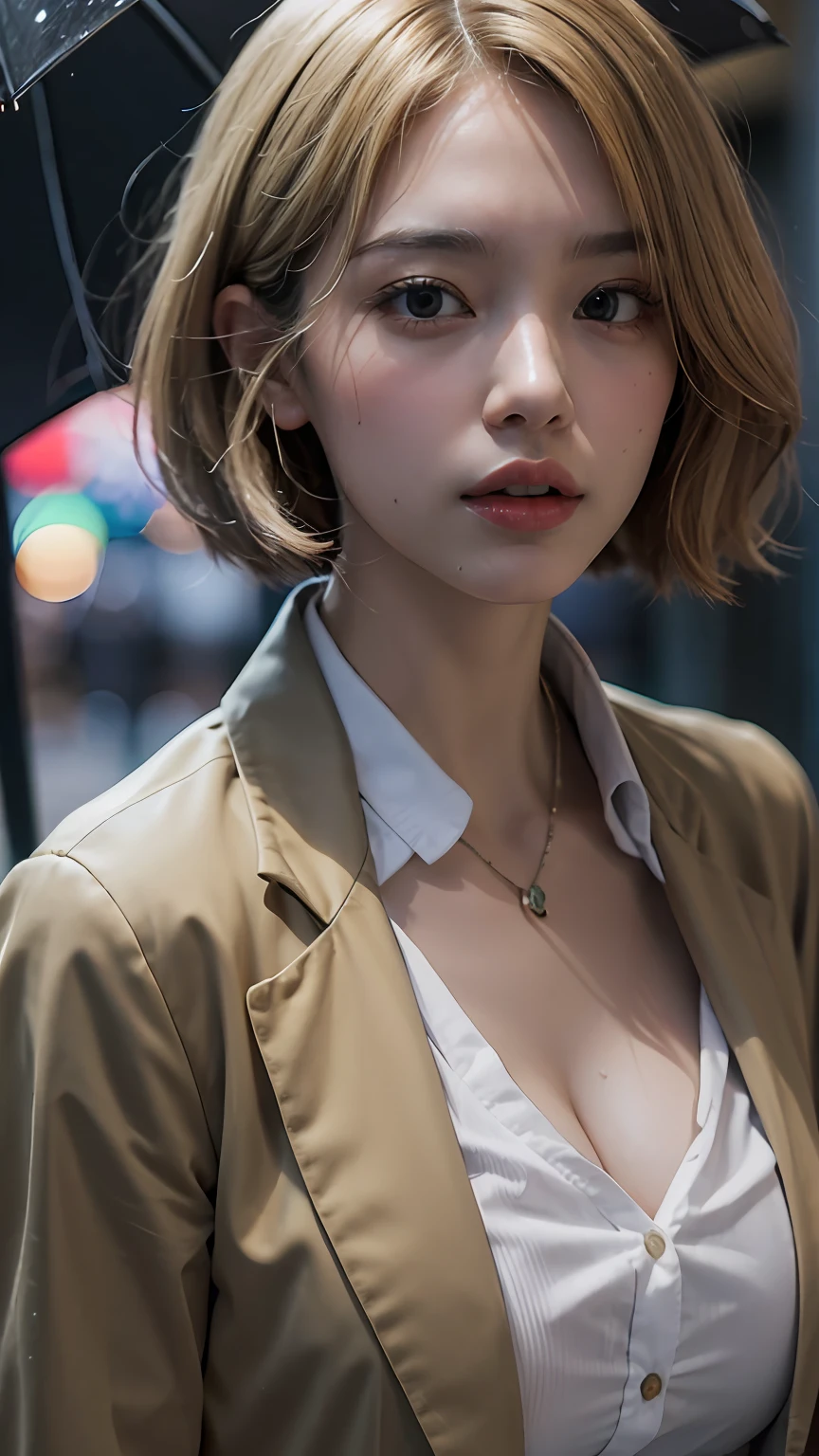 Rained,gale,(downpours),(best qualtiy,8K, Yes,32K,tmasterpiece,hyper HD:1.2),18 years old,Pretty japanese woman,big cleavage breasts,Blonde hair,Very short Bob hair,fully body photo,office lady uniform,raincoat , (8K, RAW photos, Best quality, Masterpiece: 1.2), Real people, Have on the street,(On the streets where it rains heavily),Drenched,rain,No umbrellas