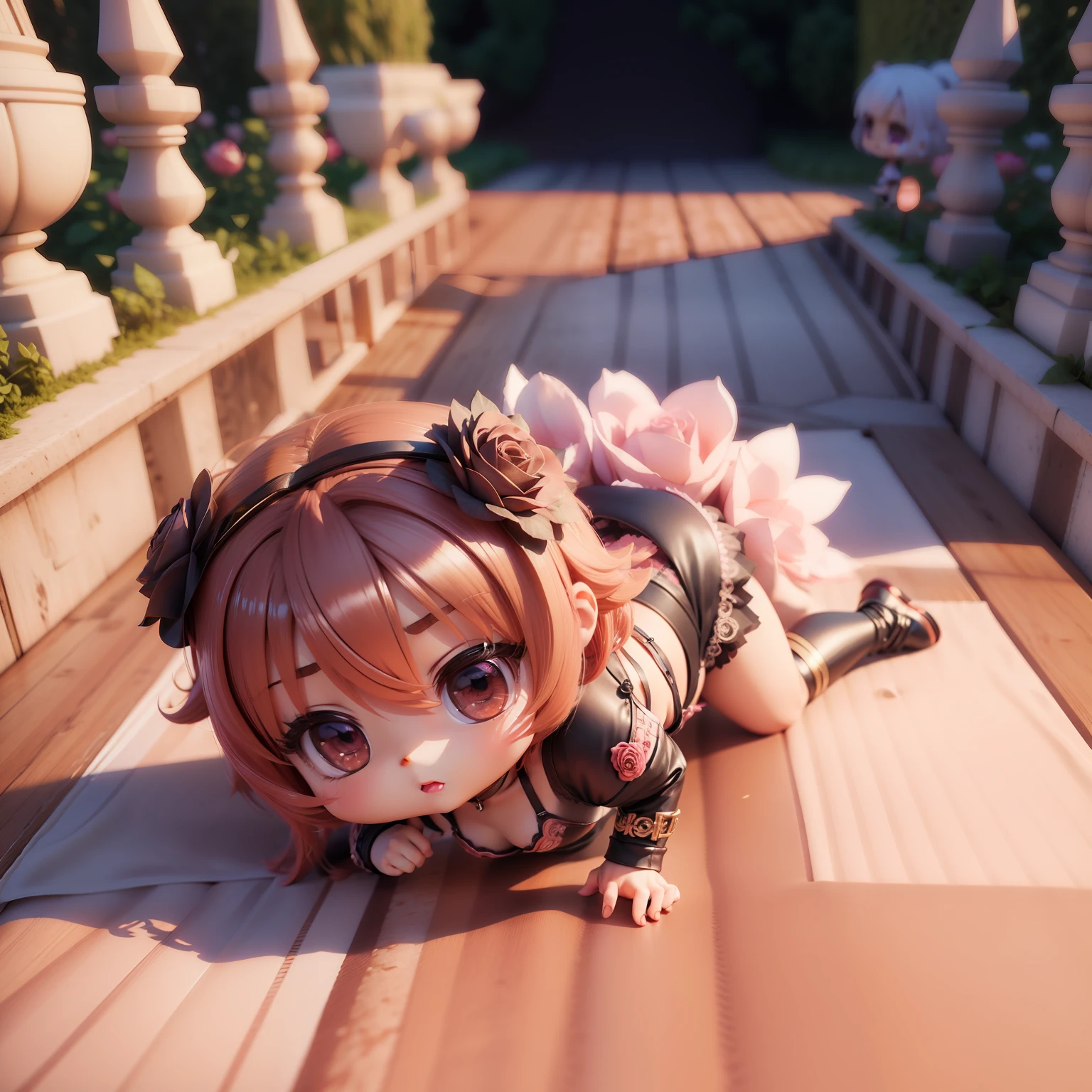 (((chibi 3d))),Cute and beautiful chibi anime,Plunge bra, Long girdle, Satin camisole, Rose Flower Carpet,rose garden,Running,Jumping.