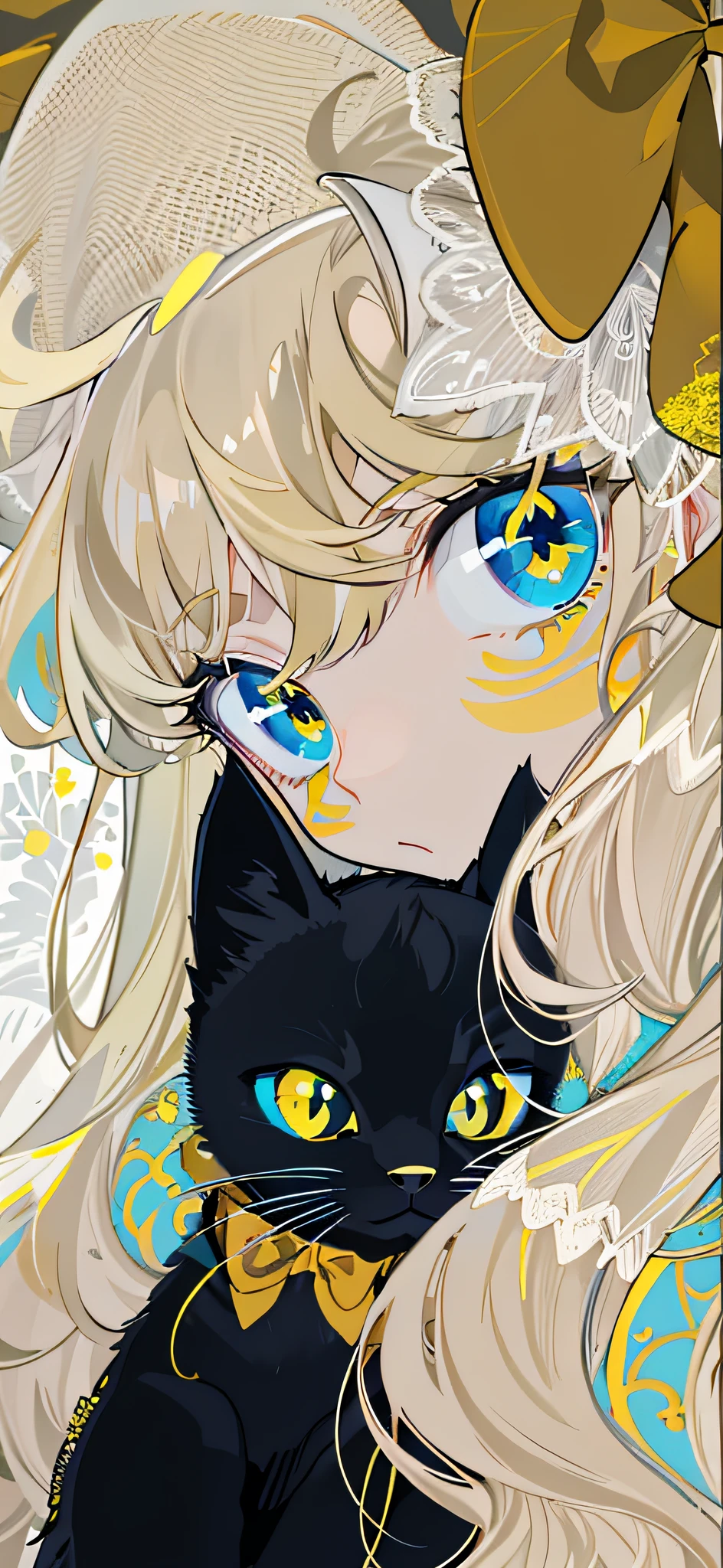 Girl with long yellow hair，eBlue eyes，Headwear bow，Holding a black cat in his arms，yellow long hair，Yellow hair，Black cats have different pupil colors