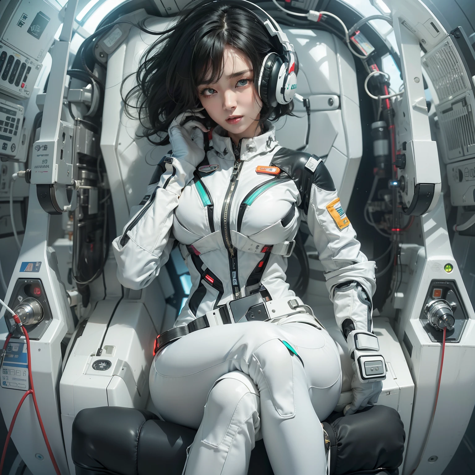She is sitting in a futuristic armchair reading a tablet、She is pensive((Very cute woman gets sexy futuristic white thin spacesuit))。Wearing headphones、black very curly spiral short black hair,、40k、a picture、masterpiece、top-quality、fundo cinza escuro、(Girl with green eyes and gorgeous bright black hair、Beautiful perfect face、))。a beautiful Caucasian woman with big ass full soft breasts and white skin。long legged((perfect chest:1.4))、((Very soft breasts))、hyperdetailed face、A detailed eye。in space station