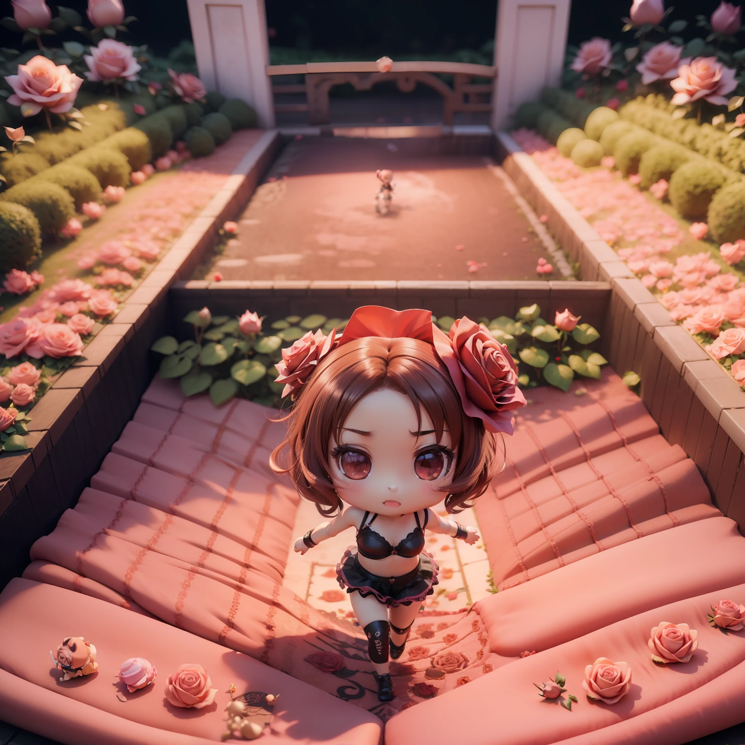 20
(((Chibi 3D))),Cute and beautiful chibi anime,Plunge bra, Long girdle, Satin camisole, (((Rose Flower Carpet,rose garden))),Running,Jumping.