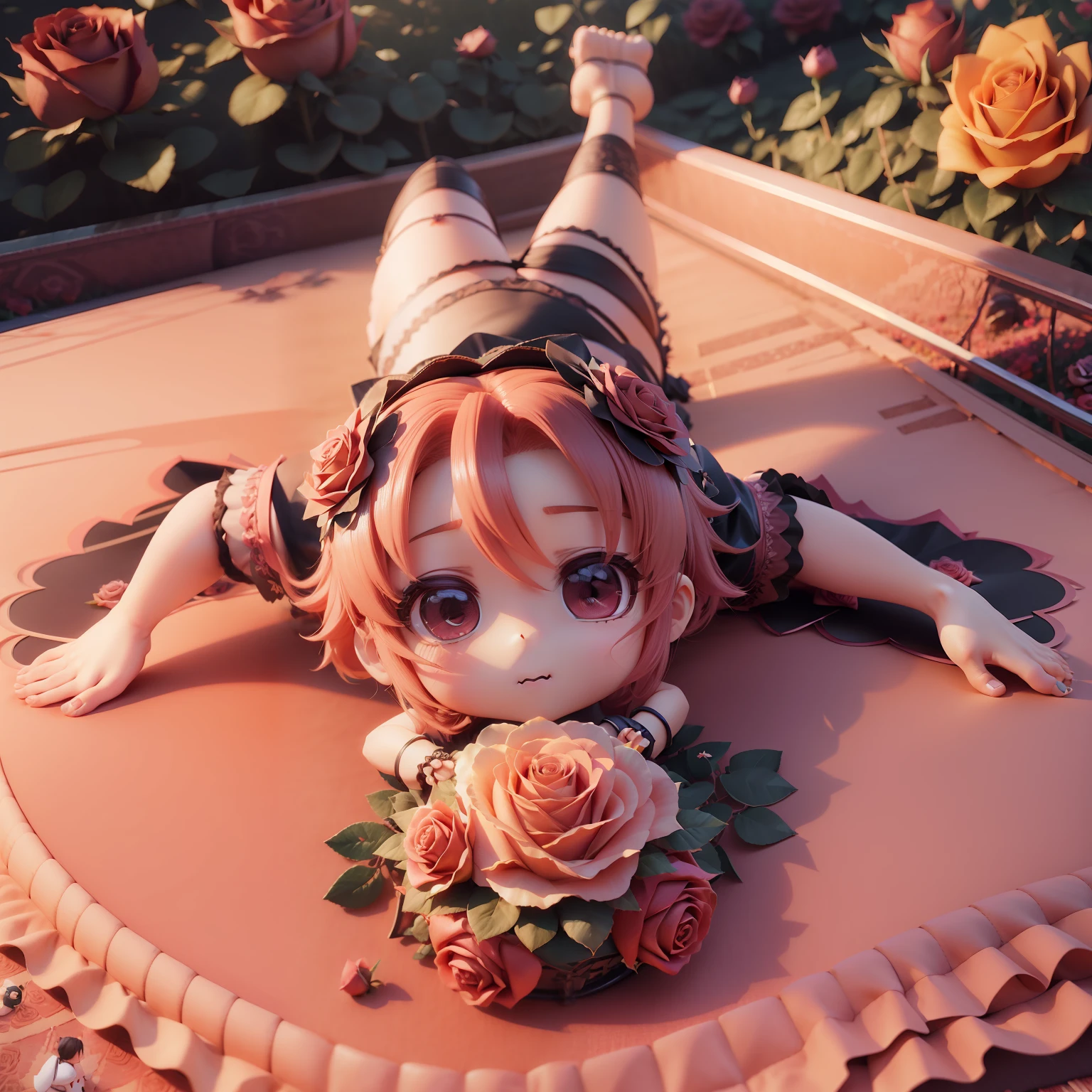 20
(((Chibi 3D))),Cute and beautiful chibi anime,Plunge bra, Long girdle, Satin camisole, (((Rose Flower Carpet,rose garden))),Running,Jumping.