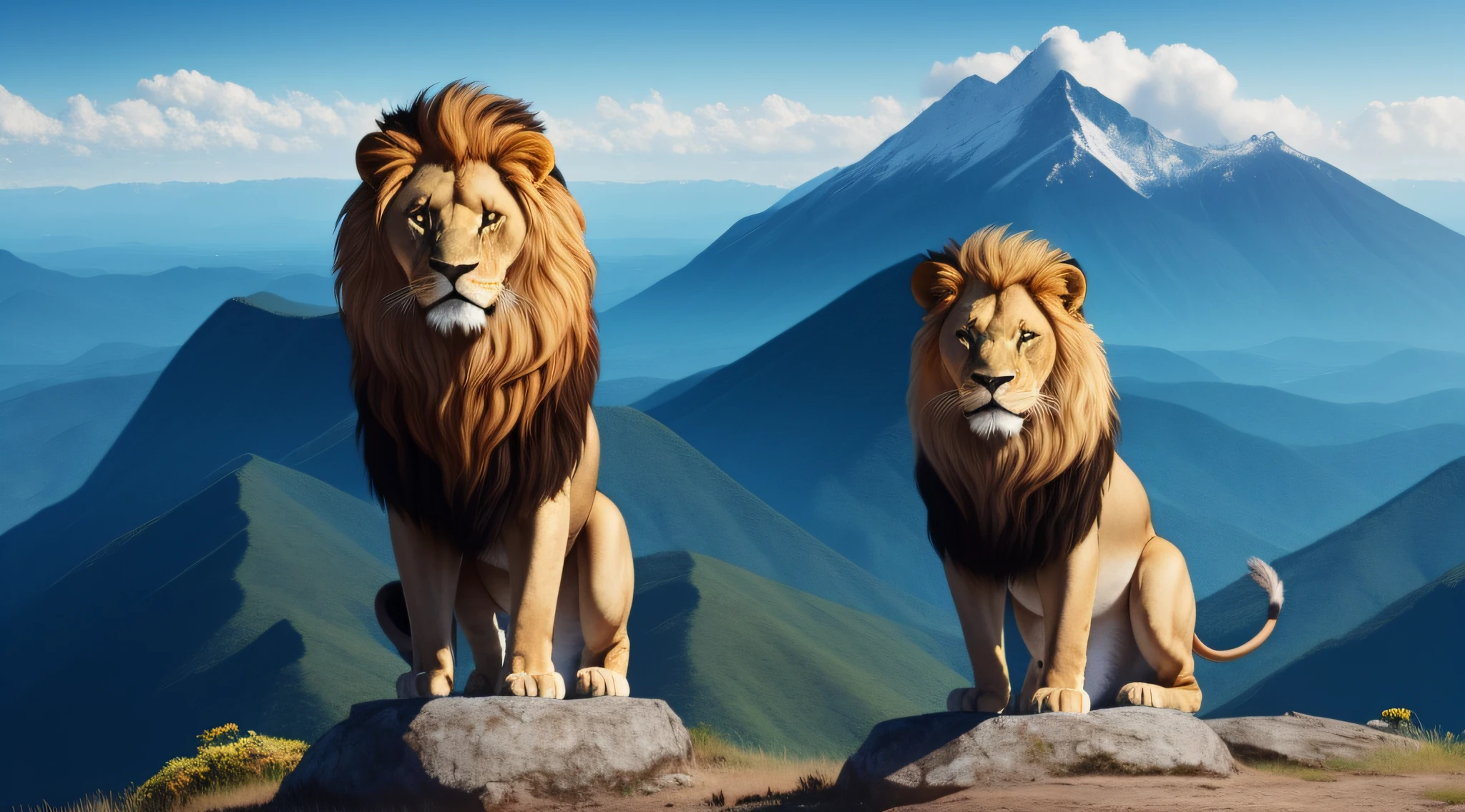 Lion standing on top of a mountain, fundo azul, 8k, highes definition, ultra realista