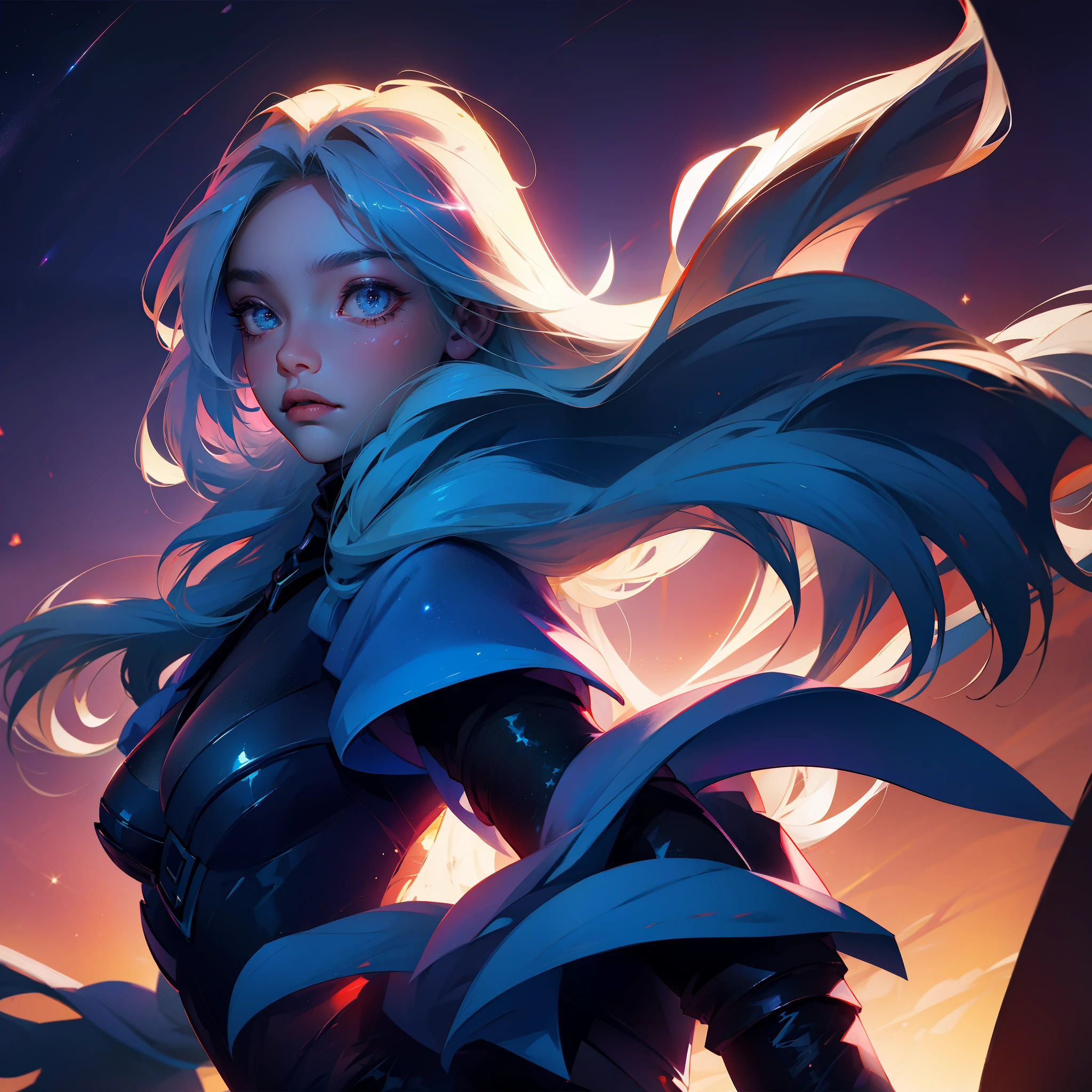 1futuristic Celestial guardian, watching sunset, starry sky background