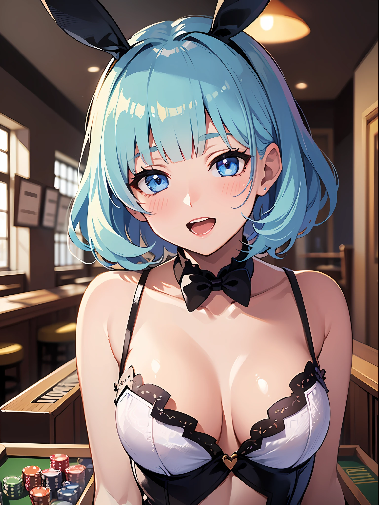 (masterpiece:1.3), (best quality:1.3), high resolution,
overlook view, couboy shot,
leaning forward, body facing forward,
(one cute girl:1.3), solo,
white skin, small Breast, eight-headed person,
light blue hair, (bobbed hair:1.2), (short hair:1.1), (blunt bangs:1.2), beautiful hair, blue eyes, beautiful detailed eyes,
blush, open mouth, cheerful smile,
playboy bunny, casino dealer,
indoors,
shadowlighting,