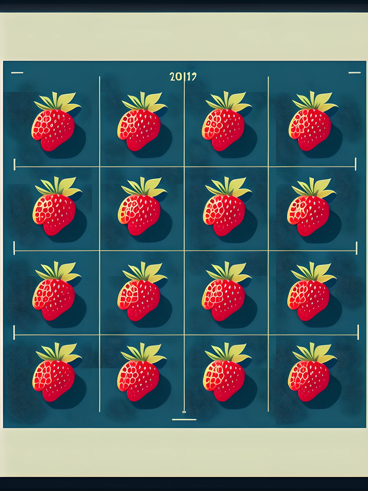 PrintDesign Style, there are many strawberries arranged in a grid on a blue background, fight with strawberries, strawberries, strawberry fields forever, strawberry