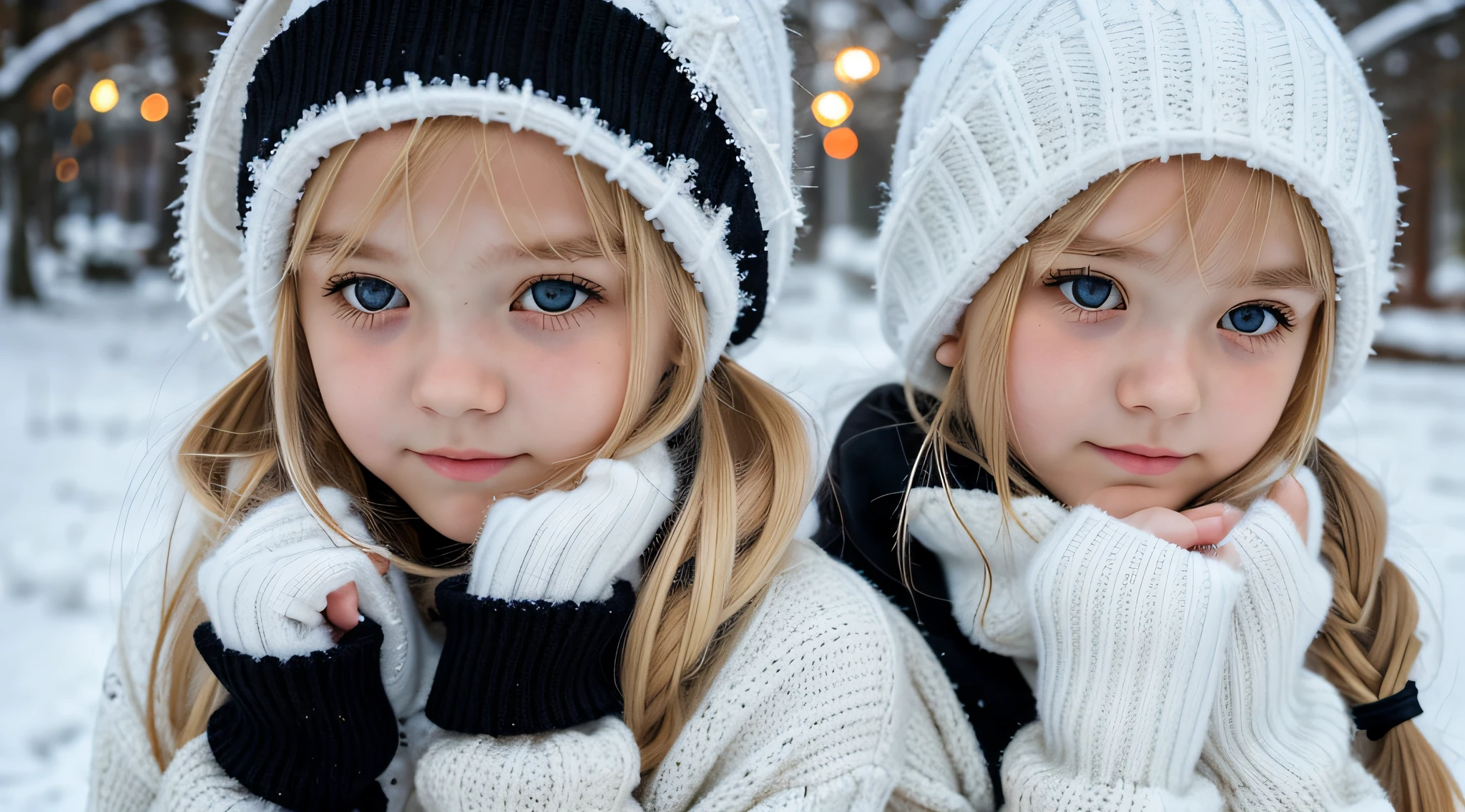 GIRL BLONDE CHILD with long hair wearing a white sweater and black ear warmers, sleepy, wearing cute black scarf, sick with a cold, cold, li, a cold, cute bangs, with cute white skin, ears, sleepy face fashion model, sad, twintails white_gloves, cute skin, teen, freezing cold nights, cold winter, black ears