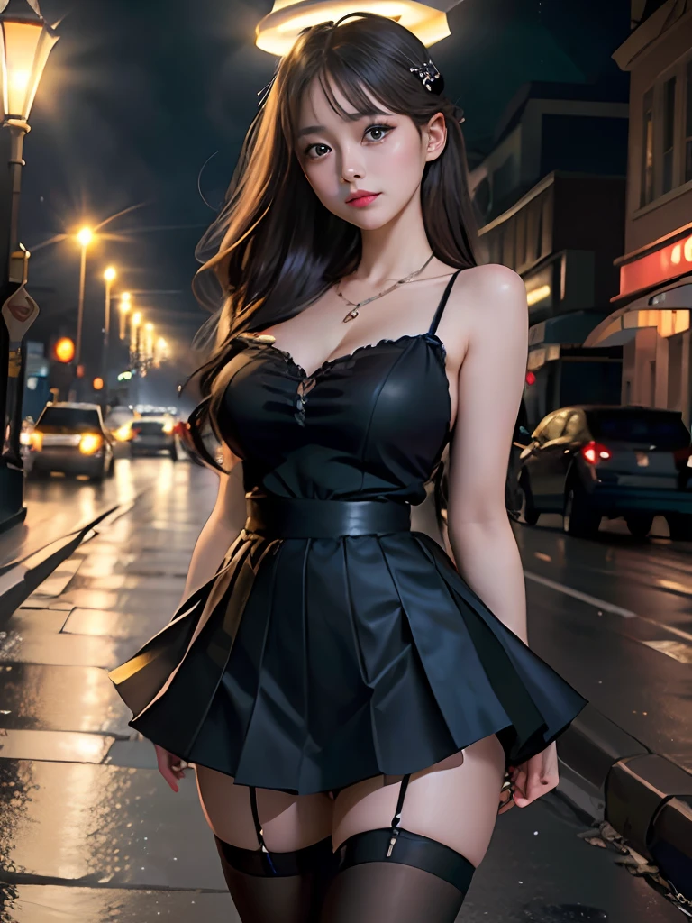 Masterpiece, high quality, real photos, 1girl, beautiful face, big eyes, light makeup, collarbone chain, stockings, pleated skirt, backlight, halo diffusion, under street lamp, full body, night view, depth of field, center symmetry