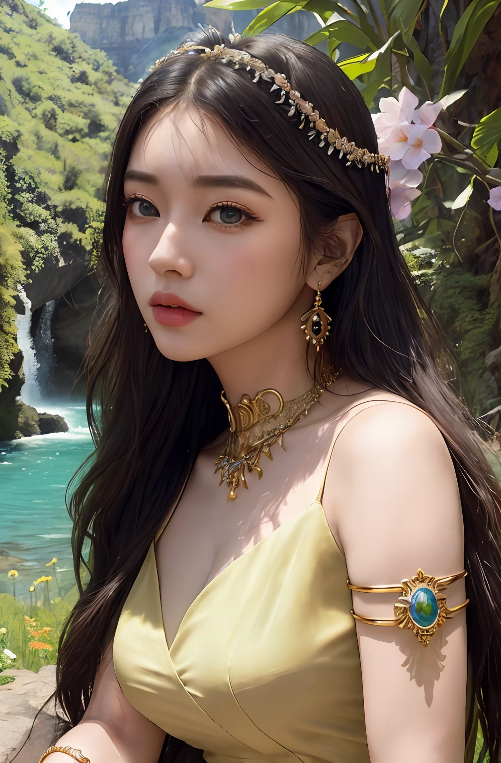((Realistic:1.5)),Ulzzang-6500:1.3,((Best quality)), ((Masterpiece)),((Detailed)),2girls,duo,{2 beautiful women}, (Upper body:1.3),Hug and touch each other, Tease your friend's waist, Breathless friends, Biting a friend's earlobe, crouched,super wide shot,Face focus, Long legs,Curvy, Barefoot,Wide hips, Thin legs, Oversized eyes,Long eyelashes, (Detailed face,beautidful eyes, detailedpupils,detailed clothes features, Clear background:1.3), (armlets, bangle:1.3), Mysterious ancient ruins, floresta exuberante, Deep canyon,bridge,River,cliff,Cloud,lakes,Rock music,Waterfalls, Flowers, Grass,grape trees,tree,bright detail,Sharp,Perfect compounding, Intricate, Sharp focus, Dramatic,