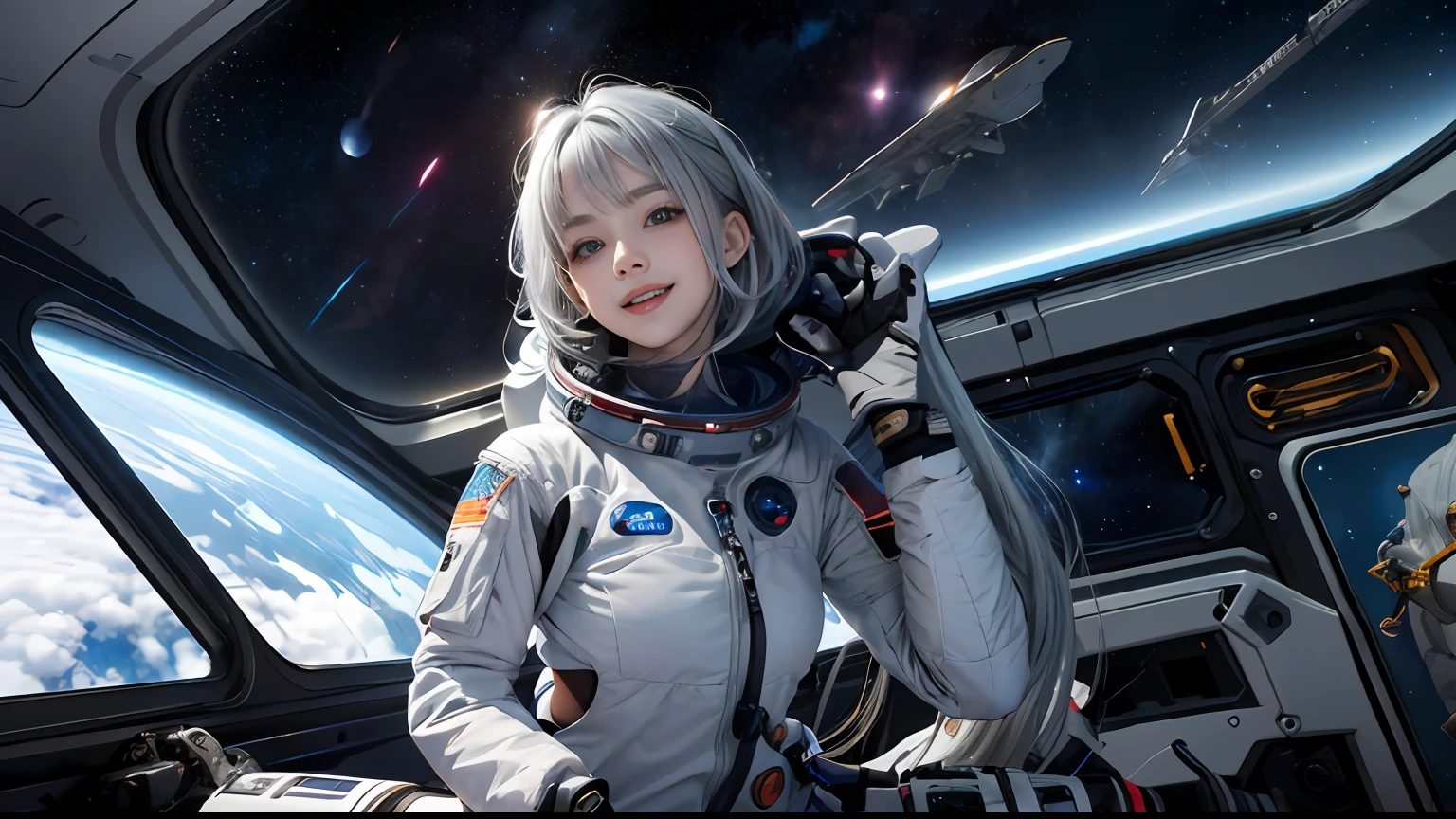 ((unparalleled masterpiece, best quality, perfect artwork)), 1girl, very messy hair, blue | silver hair, very long hair, solo, (space), ((spacecraft)), (spacesuit), light red eyes, smile, floating hair:1.2, opened mouth, (looking at viewer,) indoors, flushed, cute, , shy, bright lighting, big breasts