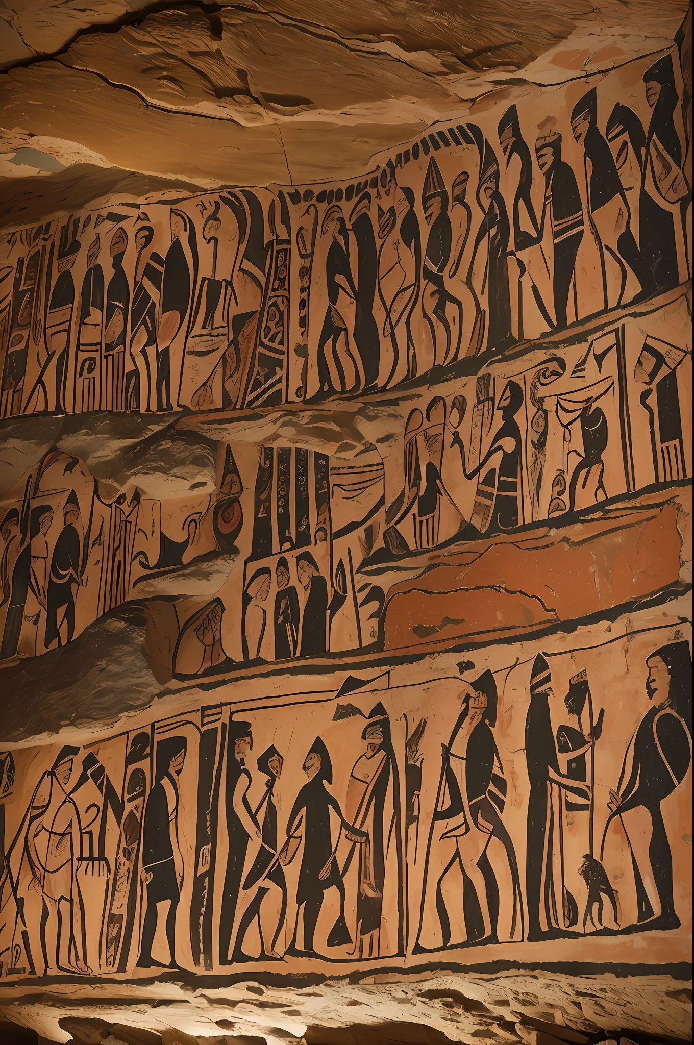 (Masterpiece, high resolution: 1.3), ((Oldest murals, cave paintings, date to the Upper Paleolithic, found in caves)): 1.4, painted on rock walls with natural pigments from plants and minerals, (contains polychrome paintings, engravings) : 1.4, black, red and ocher paintings representing animals, anthropomorphic figures, abstract and non-figurative drawings, styled after the cave paintings of the Chauvet-Pont d'Arc cave