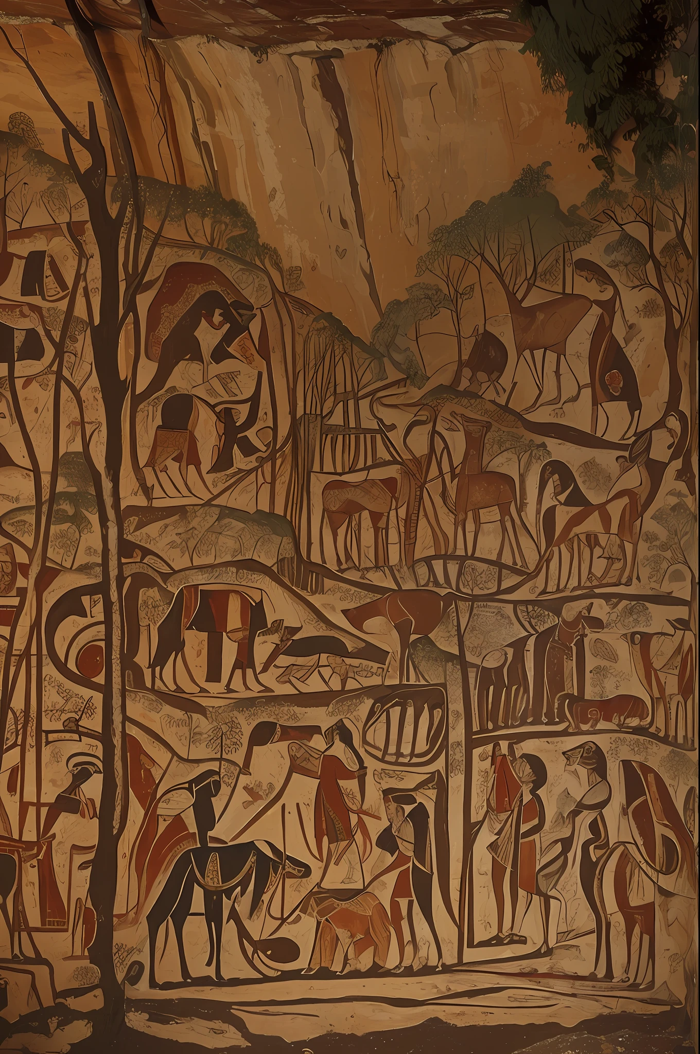 (Masterpiece, high resolution: 1.3), ((Oldest murals, cave paintings, date to the Upper Paleolithic, found in caves)): 1.4, painted on rock walls with natural pigments from plants and minerals, (contains polychrome paintings, engravings) : 1.4, black, red and ocher paintings representing animals, anthropomorphic figures, abstract and non-figurative drawings, styled after the cave paintings of the Chauvet-Pont d'Arc cave