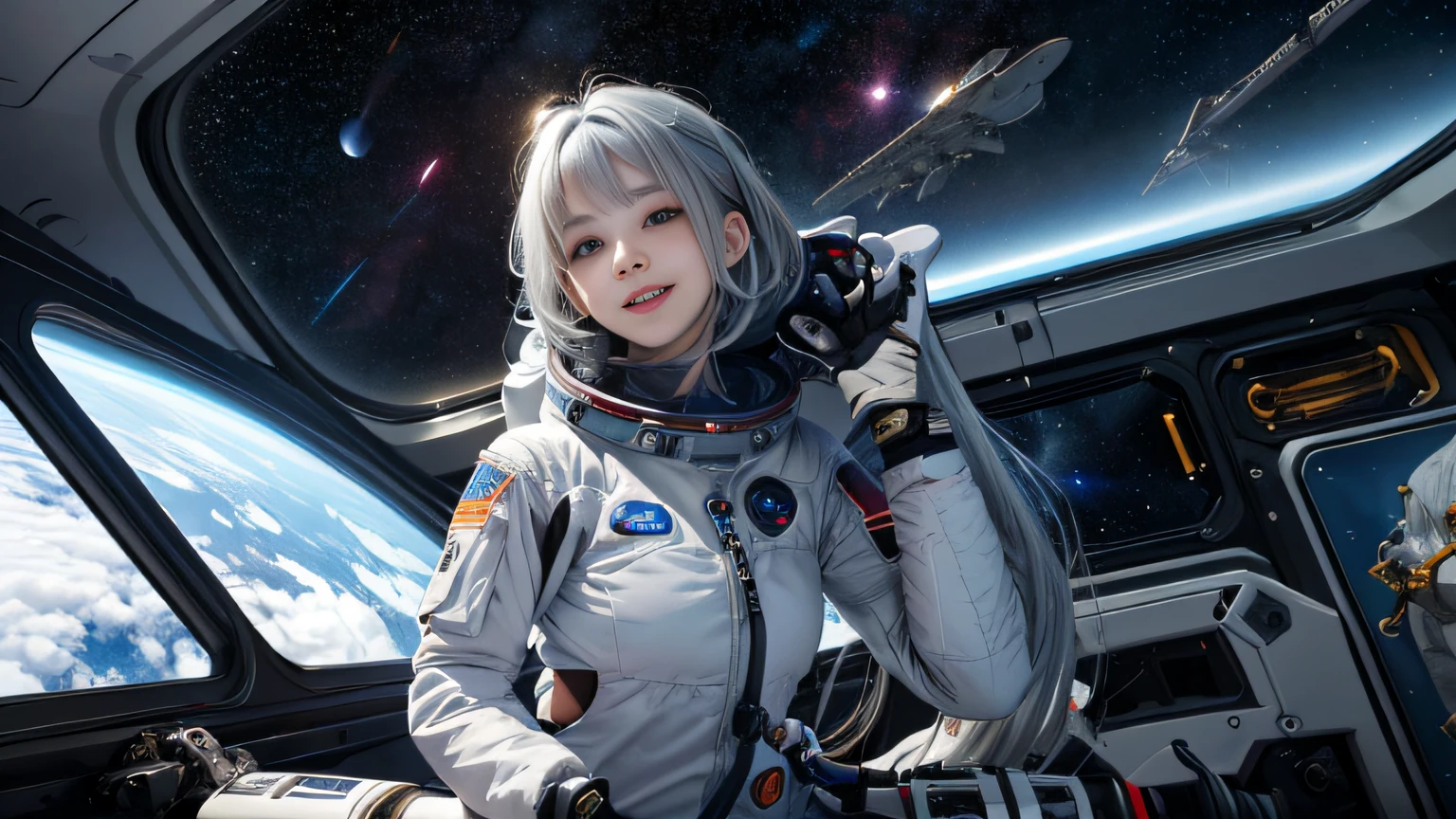 ((unparalleled masterpiece, best quality, perfect artwork)), 1girl, very messy hair, blue | silver hair, very long hair, solo, (space), ((spacecraft)), (spacesuit), light red eyes, smile, floating hair:1.2, opened mouth, (looking at viewer,) indoors, flushed, cute, 15 years old, shy, bright lighting, big breasts