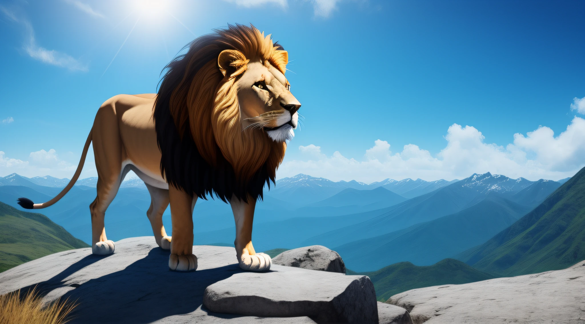 Lion standing on top of a mountain, fundo azul, 8k, highes definition, ultra realista