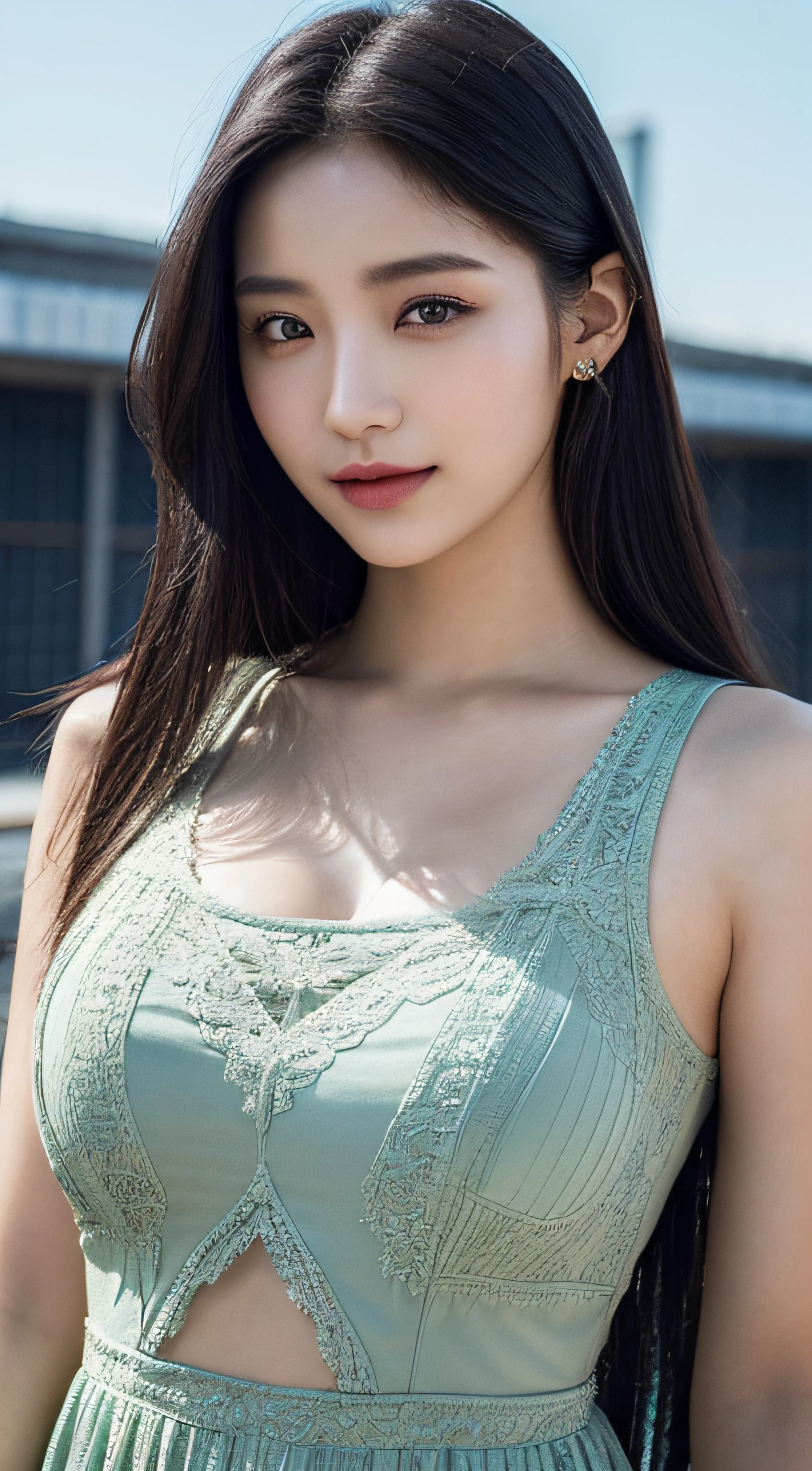 (Best quality, 8K, masterpiece:1.3)) , (one person: 1.4), 1girl, a Korean woman, a goddess, 25 years old, portrait photography, high contrast, God perspective, aperture F1.2, focal length 24mm, ( Full body: 1.2), smile, pose for photos, fine lace, slip dress, croptop dress, simple cut, long black hair, super detailed skin details, detailed fabric texture, high detailed rooftop background, big breasts