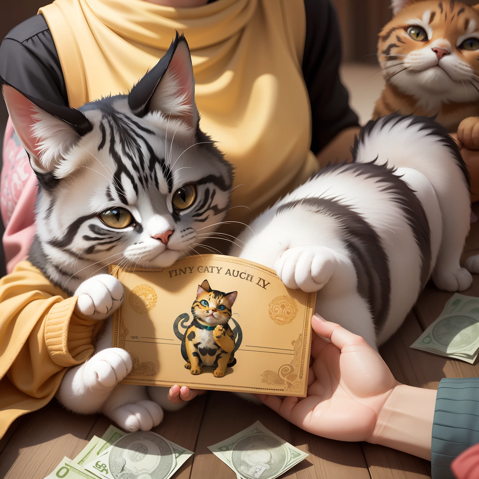 A lucky cat holding a piece of money