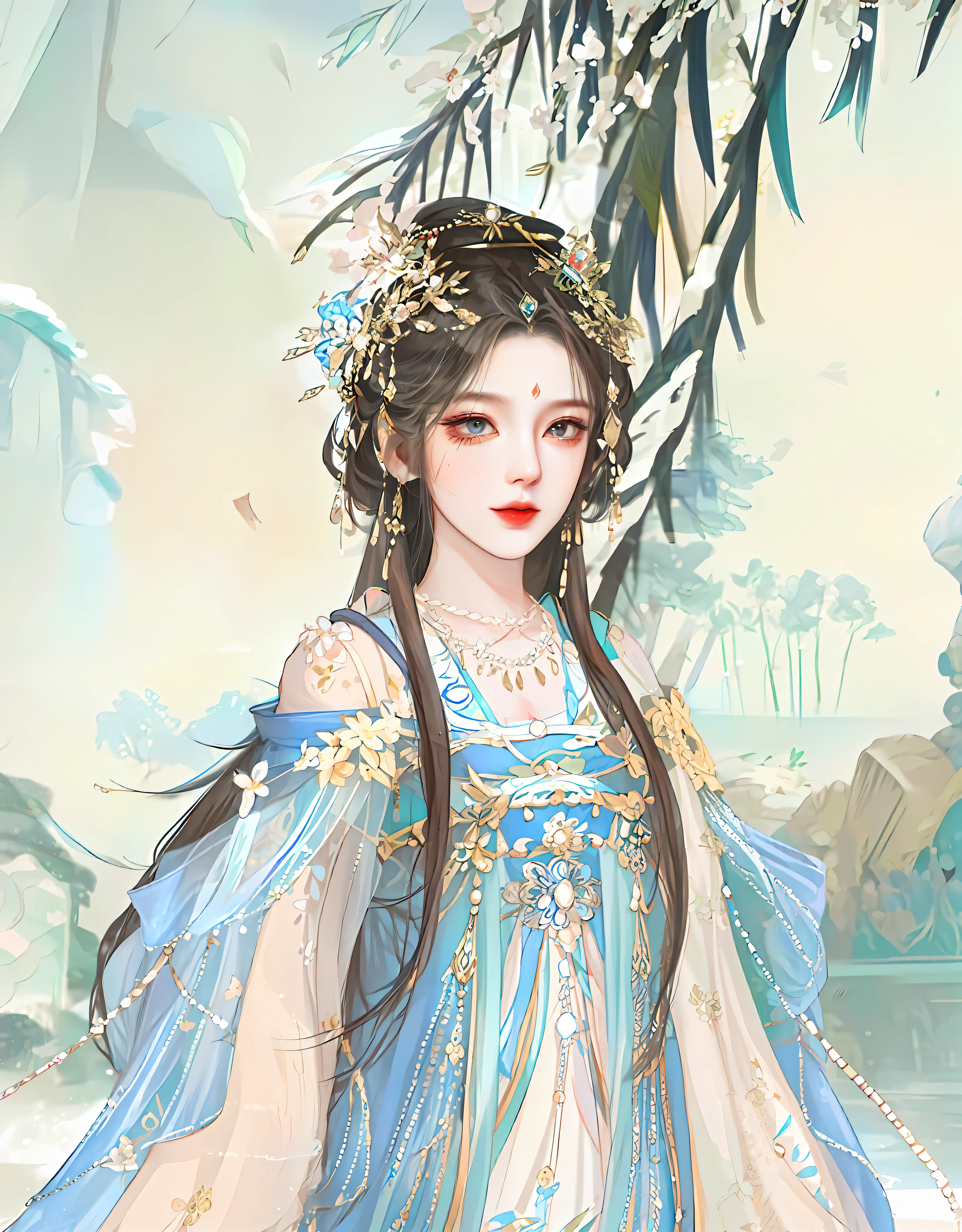 There is one wearing a blue dress，Woman with a crown on her head, a beautiful fantasy empress, ((a beautiful fantasy empress)), Palace ， A girl in Hanfu, Inspired by Lan Ying, Beautiful character painting, Inspired by Qiu Ying, Inspired by Huang Ji, inspired by Du Qiong, G Liulian art style, A beautiful artwork illustration