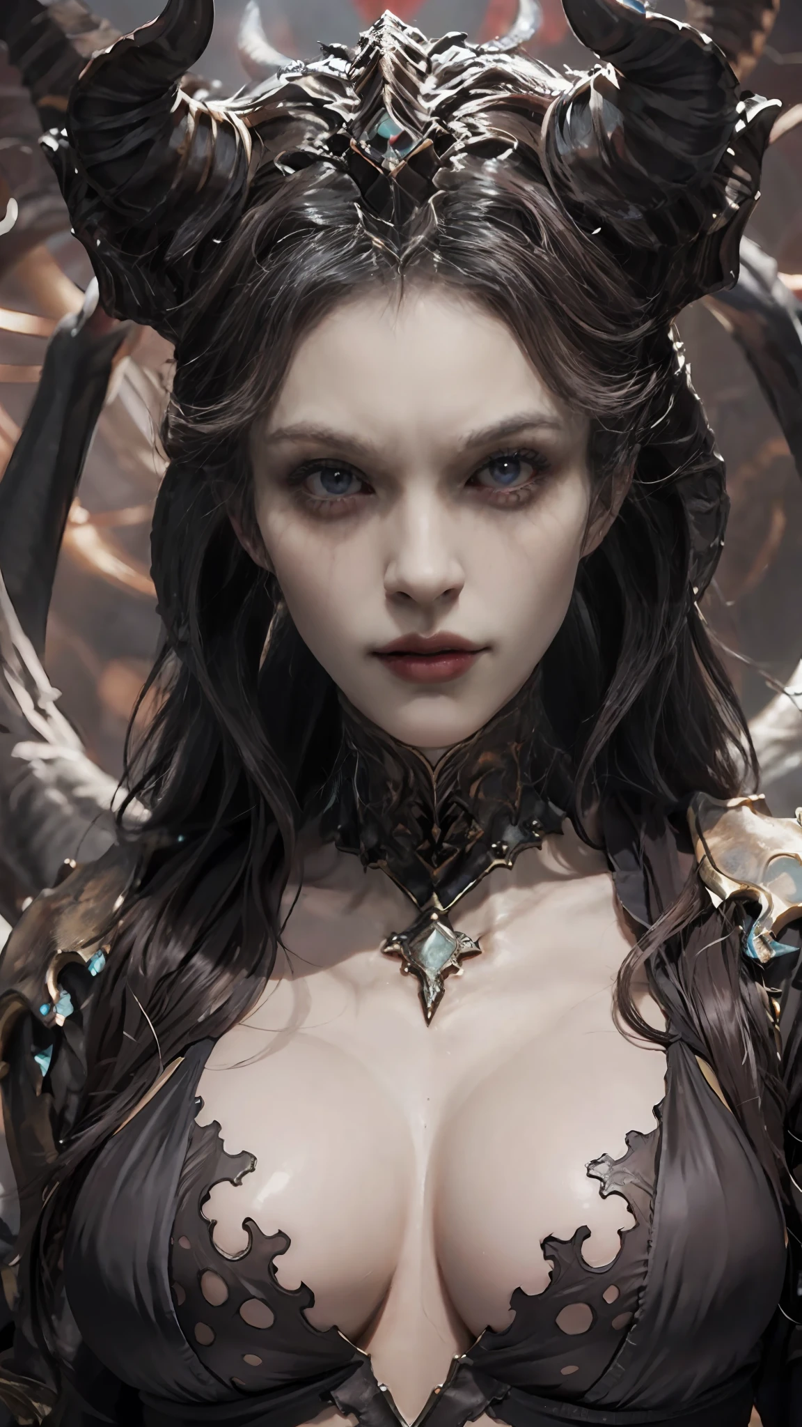 RAW photo, (best quality:1.3), high resolution, (masterpiece), (photorealistic:1.4), professional photography, sharp focus, HDR, 8K resolution, intricate detail, sophisticated detail, depth of field, extremely detailed CG unity 8k wallpaper, d4lilith, [Nanami Hachiro] as beautiful supermodel, extremely prefect fierce face, extremely prefect eyes:1.2, extremely prefect lips, extremely prefect nose, extremely prefect ears, (PureErosFace_V1:0.3), (naturally sagging enormous breasts:1.1), (Kpop idol makeup), dynamic pose, dynamic angle, (look at viewer), demon wings, ((horns)), realistic skin, solo, fansty world red fire background,  determined, dark theme,