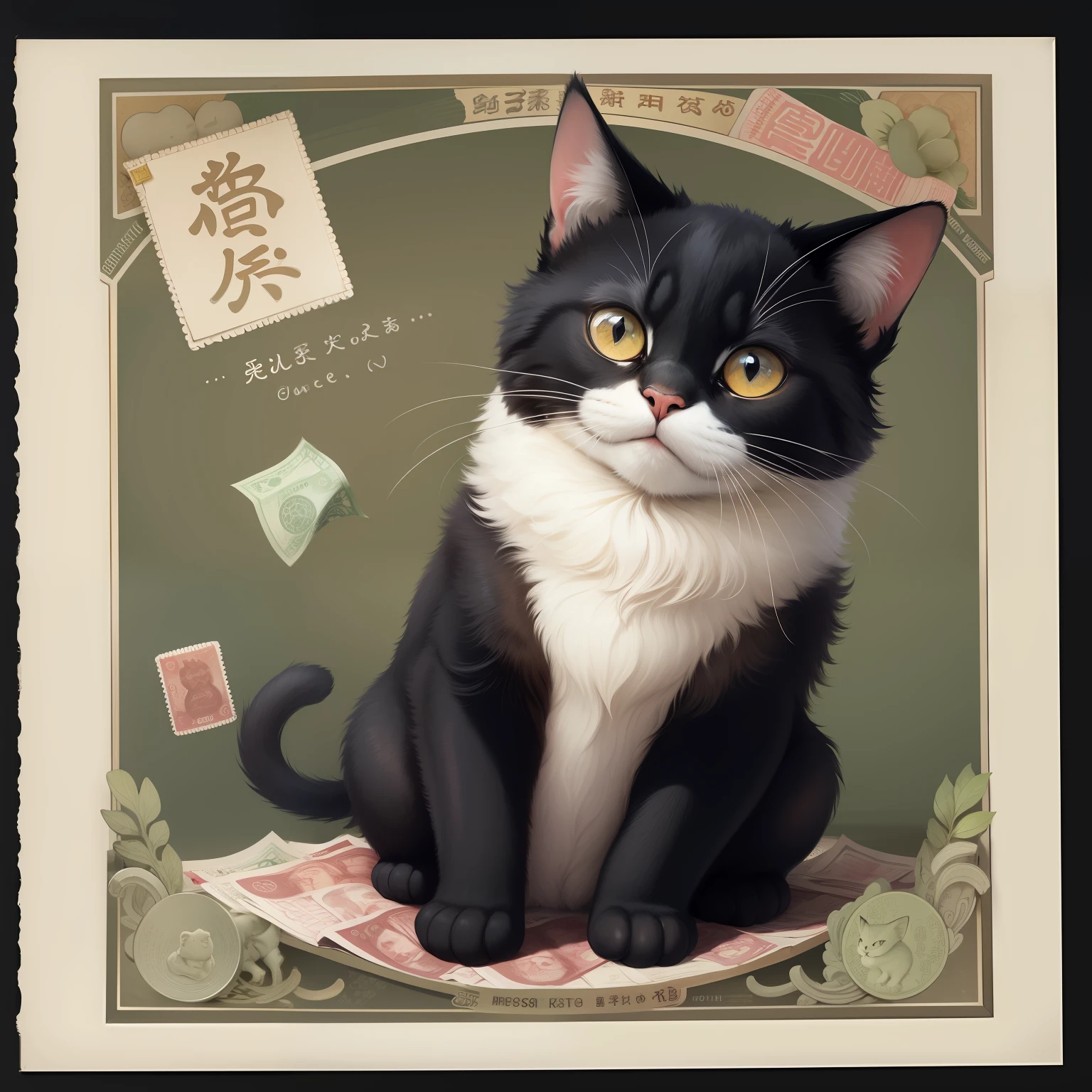 A lucky cat holding a piece of money