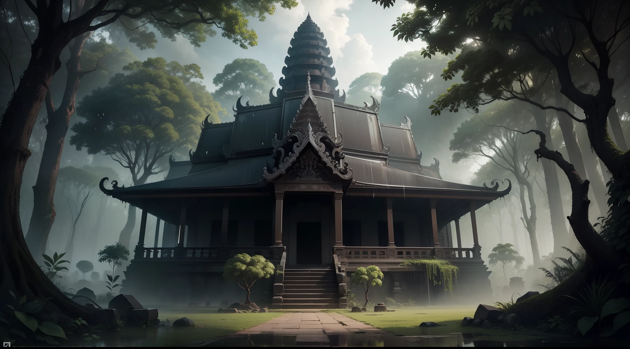 massive Angkor wat tample in A jungle, with intense rainfall, monochromatic, vines all around, giant and wet trees, masterpiece, best quality, high quality, extremely detailed CG unity 8k wallpaper, oil paiting, award winning photography, Bokeh, Depth of Field, HDR, bloom, Chromatic Aberration ,Photorealistic,extremely detailed, trending on artstation, trending on CGsociety, Intricate, High Detail, dramatic, art by midjourney, volumetric lighting