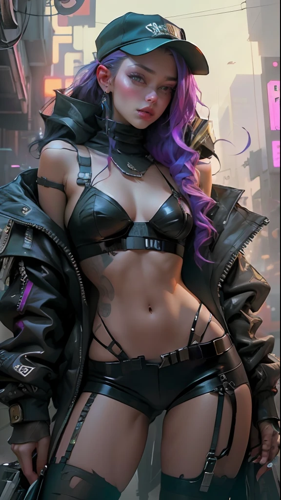 Beauty in the hair，wearing hat，Cyberpunk-style lingerie，Bare thighs，Eighteen forbidden